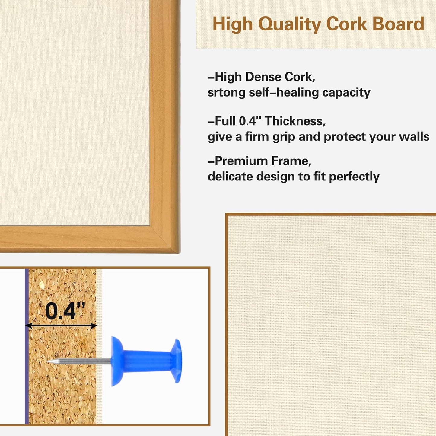 SHANTRA 36 x 24 Inch Bulletin Board with Beige Fabric, Wood Framed Canvas Cork Board, Corkboard for Walls with 10 Pins, Decorative Vision Board, Wall Mounted Notice Board for Home, Office, School