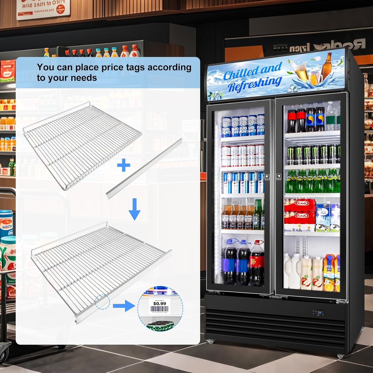 Commercial Beverage Refrigerator, 40 Inch 35 Cu.Ft. Commercial Drink Fridge, Display Refrigerator with Double Glass Door, Commercial Display Fridge with 8 Adjustable Shelves, for Shop,Restaurant,Bar