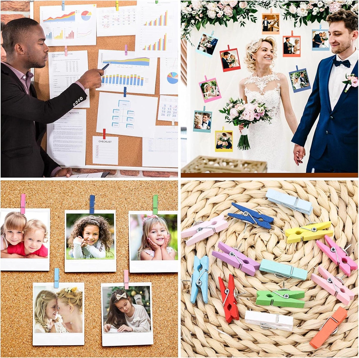 50Pcs Wooden Clips Push Pins Tacks for Cork Board Artwork for Crafts Arts Projects Photo Supplies(Colorful)