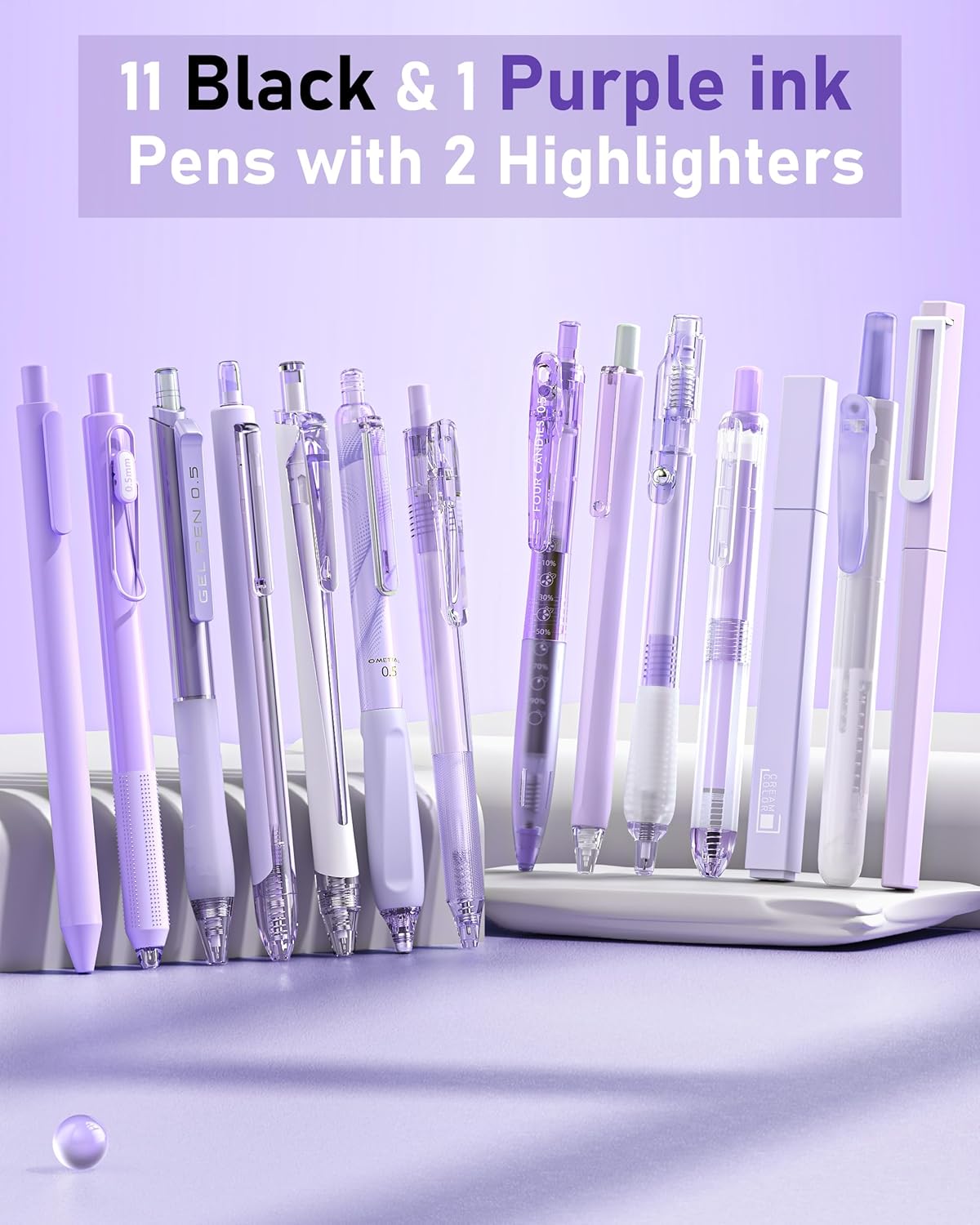 Four Candies 14Pack Pastel Gel Ink Pen Set,Cute Retractable 0.5mm Fine Point Pen,11 Pack Black Ink and 1 Pc Purple Ink Pens with 2Pcs Highlighter for School, Office, Mothers Day Gifts(Purple)