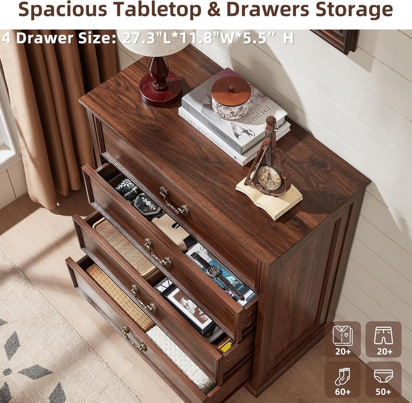 Farmhouse 4 Drawer Dresser for Bedroom, 37" Tall Rustic Chests of Drawers w/ 4 Solid Wood Feet, Mid Century Modern Wooden Closet Storage Dressers Organizer for Living Room, Hallway, Brown