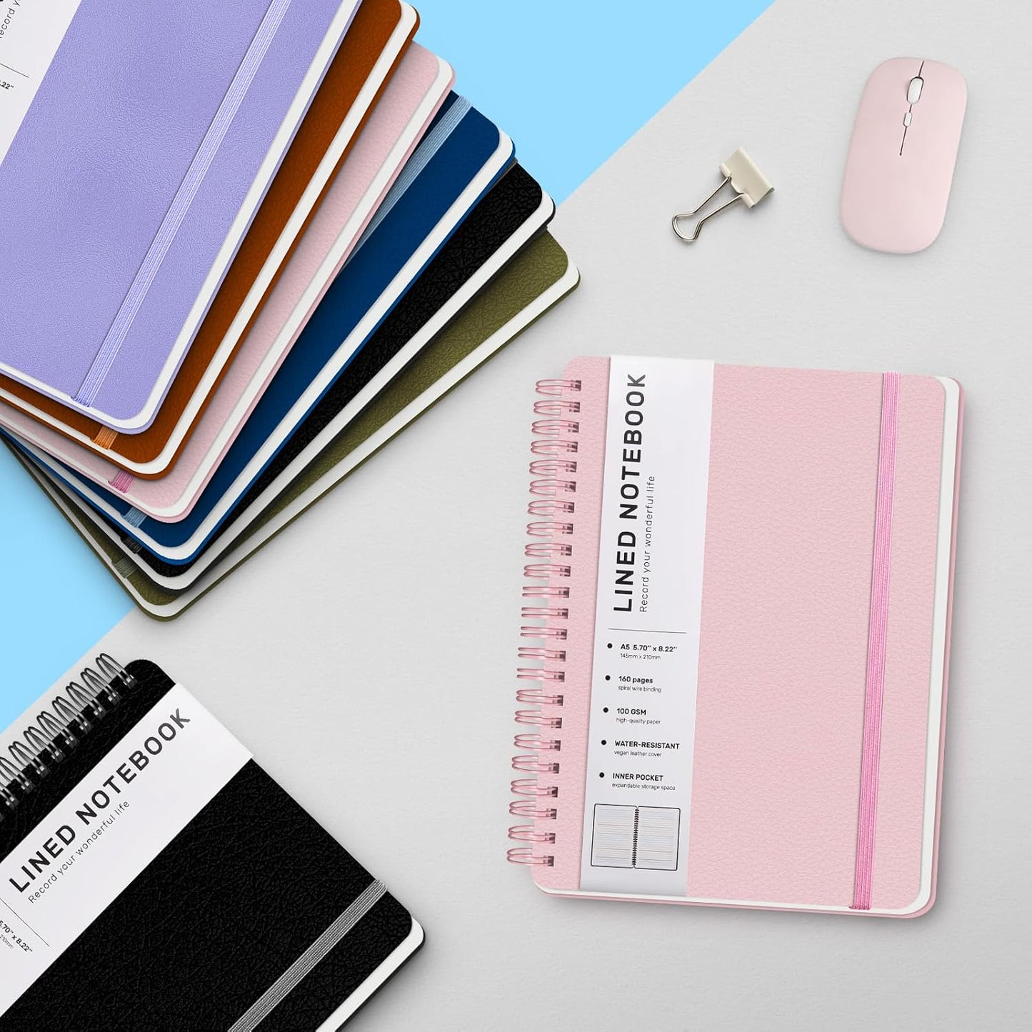 Lined Spiral Journal Notebook, A5 Hardcover Leather Notebook for Work, 5.7''×8.2'', 100GSM Thick Paper Spiral Bound Journaling Notebooks for Women & Men Office School Note Taking Business, Pink