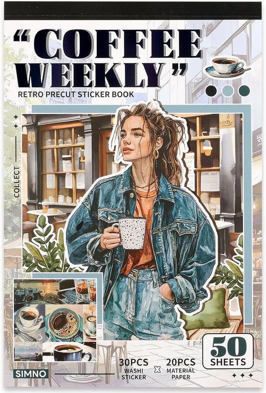 Scrapbooking Stickers - 500 Pre-Cut Washi Stickers & 20 Scrapbook Papers Coffee and People Sticker Books for journaling Scrapbooking Supplies