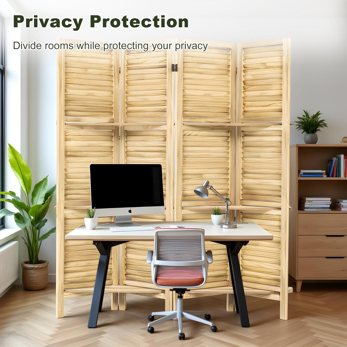 NicBex 4 Panel Room Divider,5.6FT Wood Carved Room Dividers with Display Shelves Folding Privacy Screens Portable Freestanding Partition Wall Dividers for Room Separation, Bedroom Office,Natural Wood