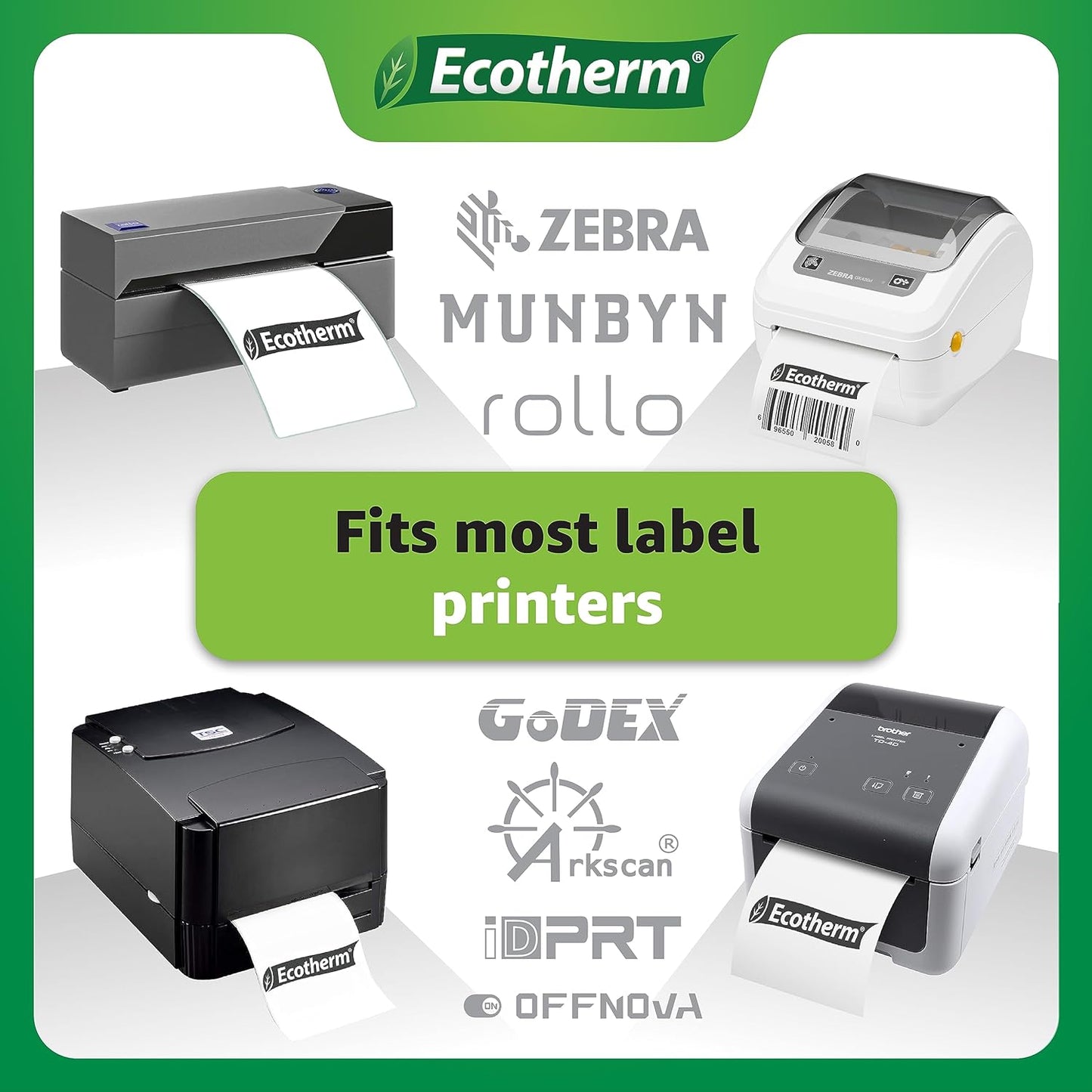 4" x 6" Thermal Labels | 4 Rolls | 1100 Labels | fits Zebra, Munbyn, Rollo, Godex, Arkscan, iDPRT, Offnova Thermal Label Printers and More | Blank White Adhesive Stickers by Ecotherm