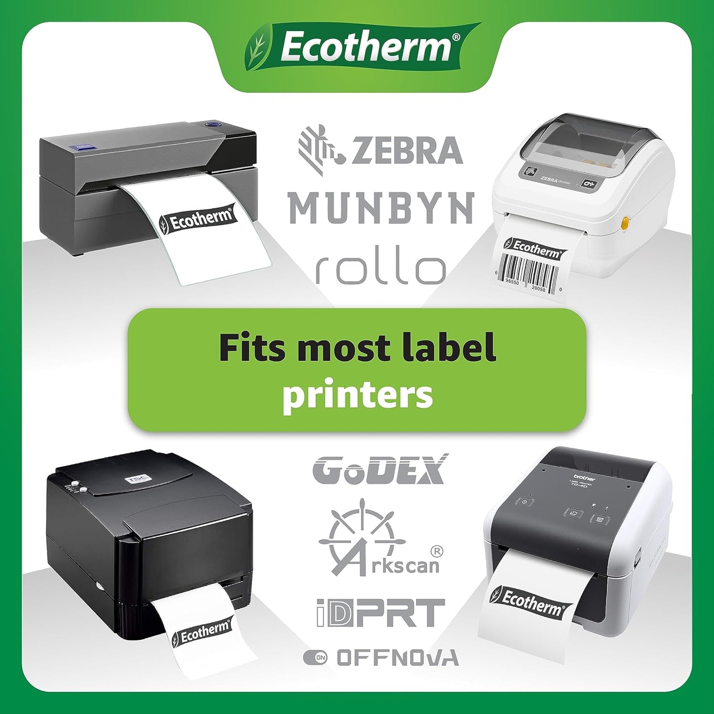 4" x 1.5" Thermal Labels | 6 Rolls | 10800 Labels | fits Zebra, Munbyn, Rollo, Godex, Arkscan, iDPRT, Offnova Thermal Label Printers and More | Blank White Adhesive Stickers by Ecotherm