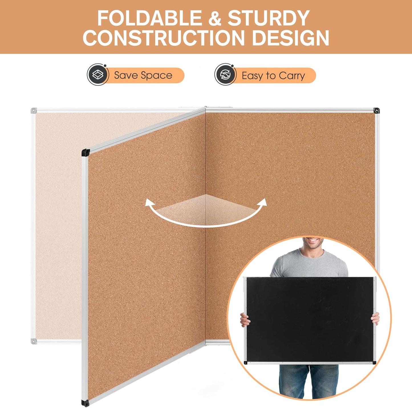 Board2by Cork Board Bulletin Board 36 x 48, Silver Aluminium Framed 4x3 Corkboard, Foldable Office Board for Wall, Large Wall Mounted Notice Pin Board with 36 Push Pins for School, Home & Office