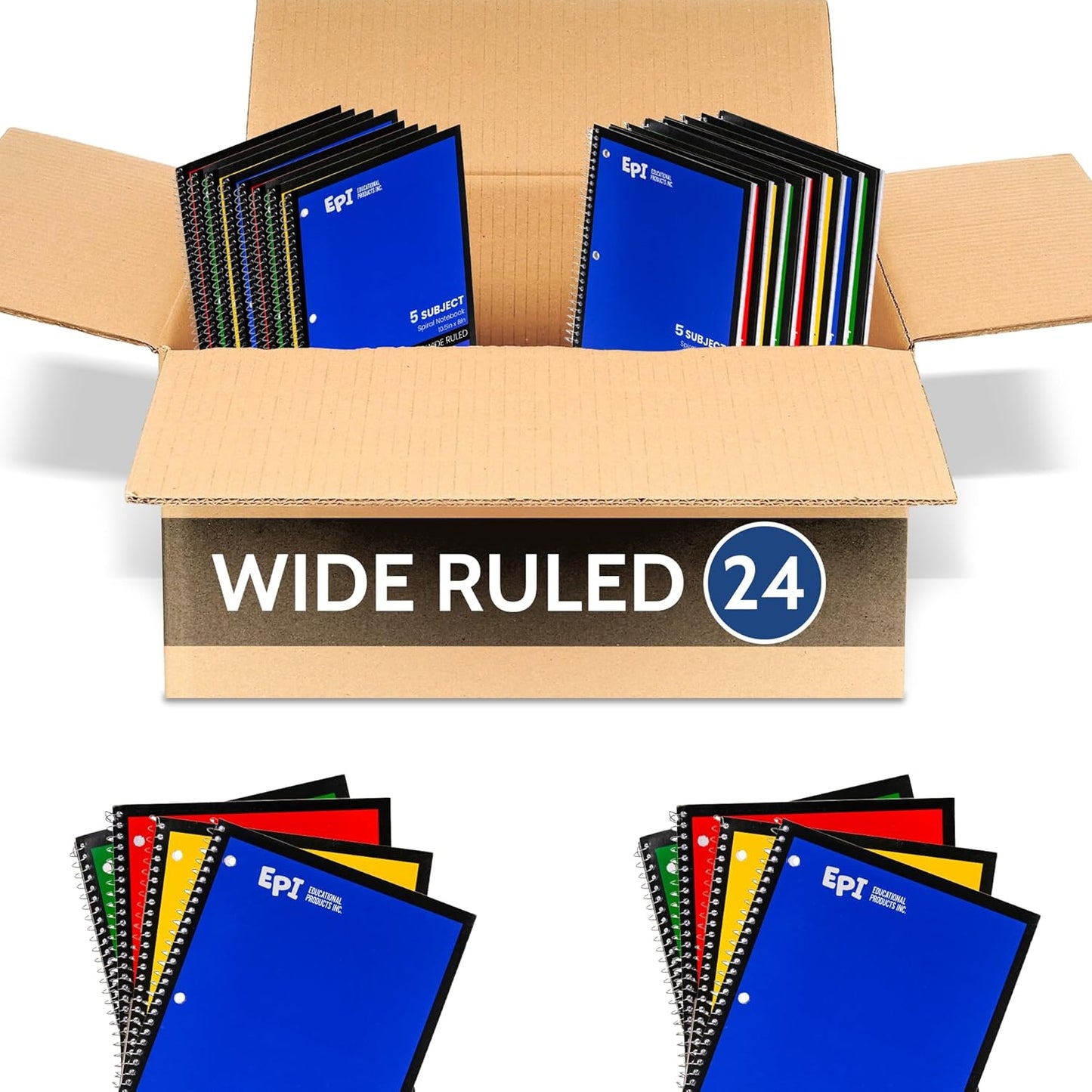 EPI Spiral Notebook | 5 Subject - Wide Ruled - 180 Sheets, Durable Spiral Binding | 10.5 x 8 in | Classroom Supplies | School, Office, Note Taking, Journaling - 24 Pack