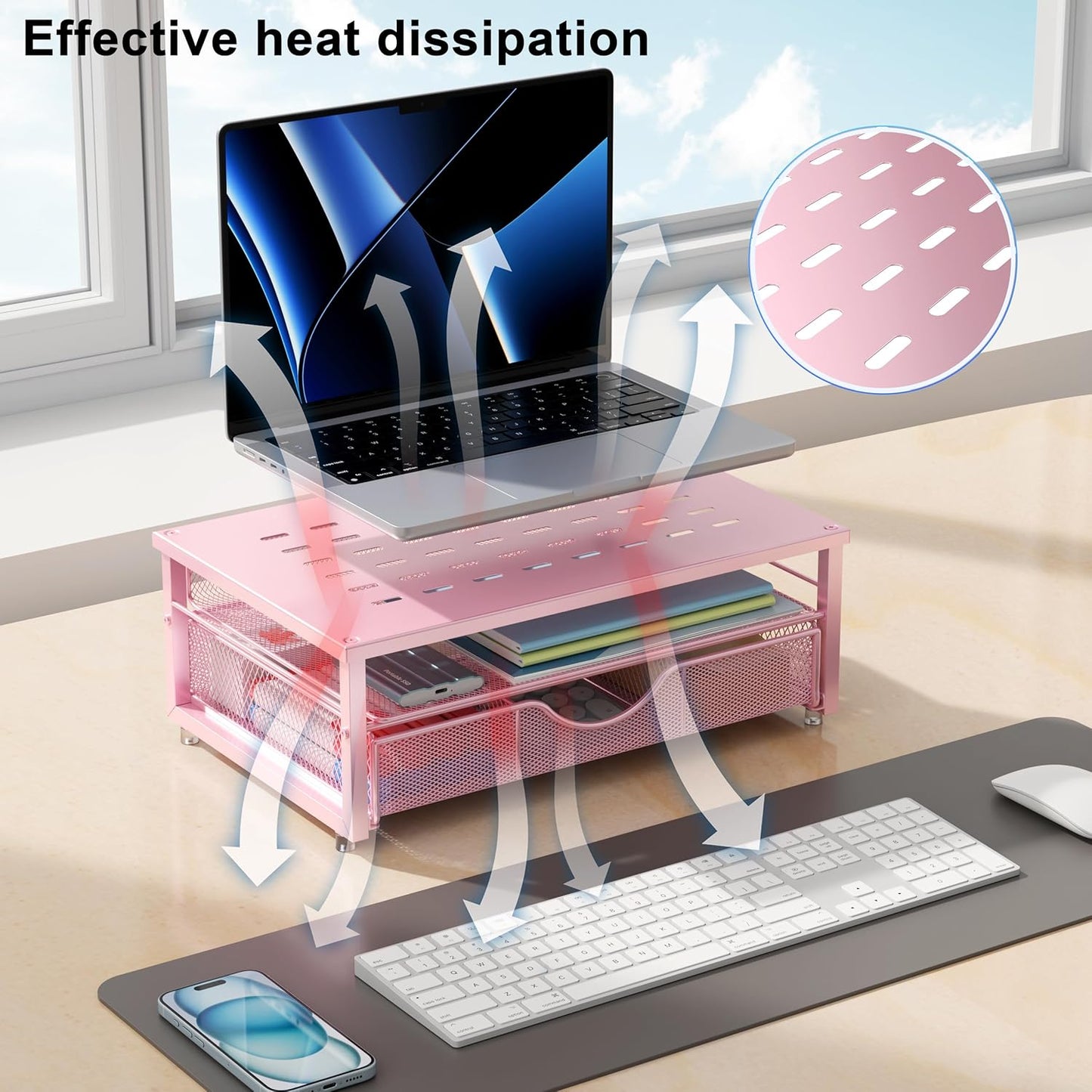 gianotter Computer Monitor Stand Riser, office organizer with Drawer, Office Organizers Storage for Classroom Office Supplies (Pink)