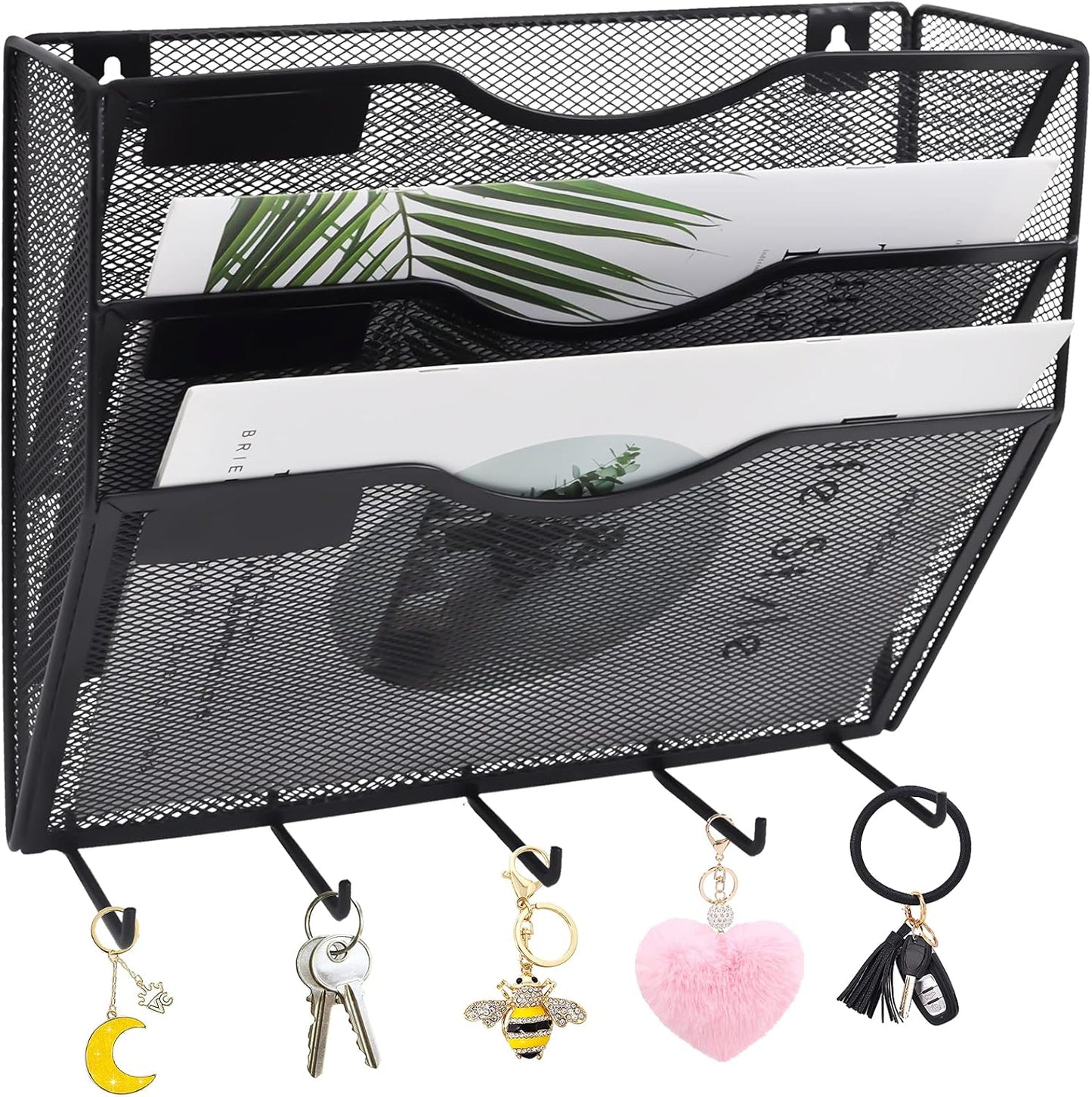 EASEPRES 3 Pocket Mesh Hanging File Organizer with Key Holder Hooks & Nametag Label, Wall Mounted Mail Paper Document Folder Clipboard Storage Organization Magazine Rack for Office Cubicle, Black
