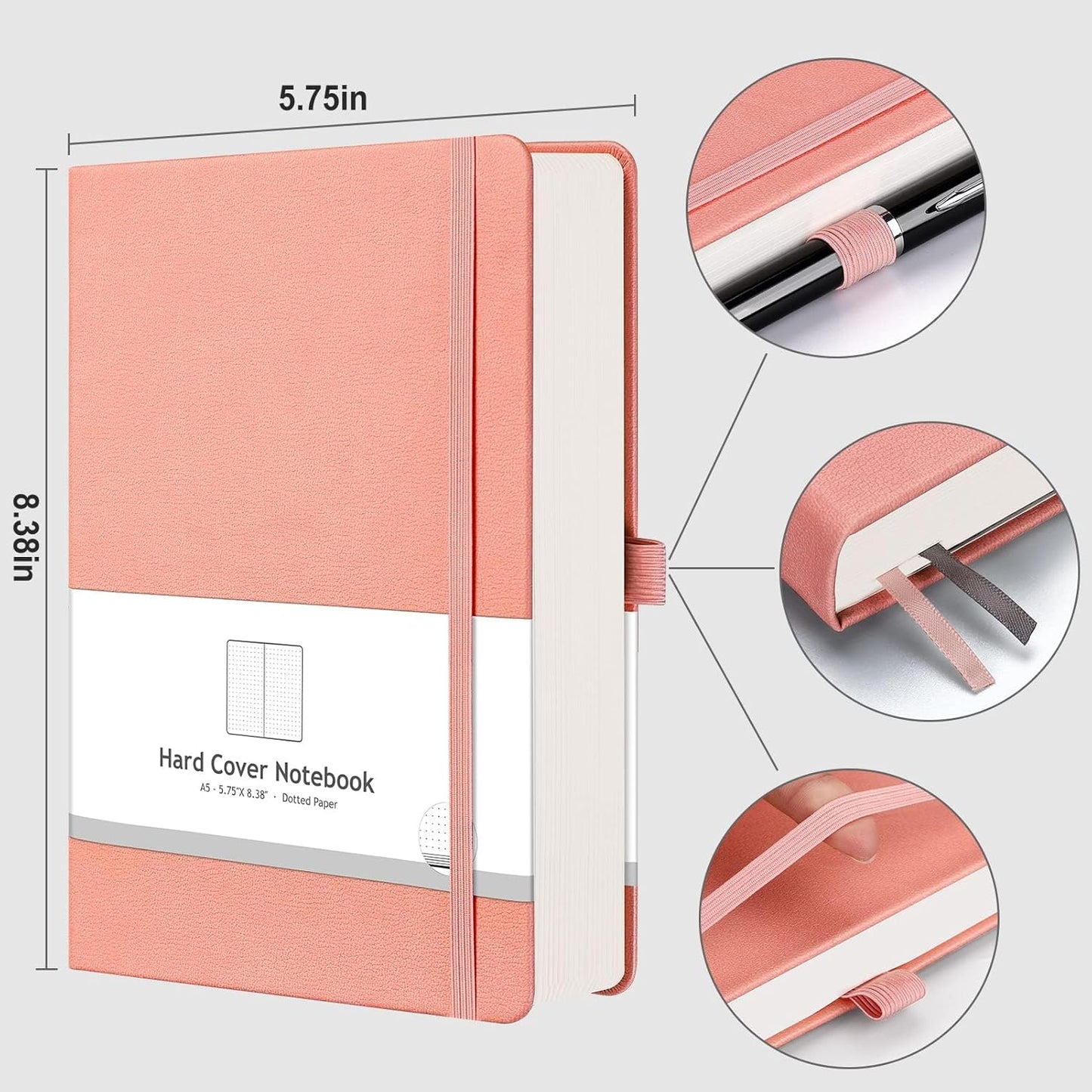 AHGXG Bullet Dotted Journal - 320 Numbered Pages Dot Grid Notebook A5 Thick Journal, 100gsm Thick Dotted Paper, Leather Hardcover,Inner Pocket, 5.75'' × 8.38'' - Pink