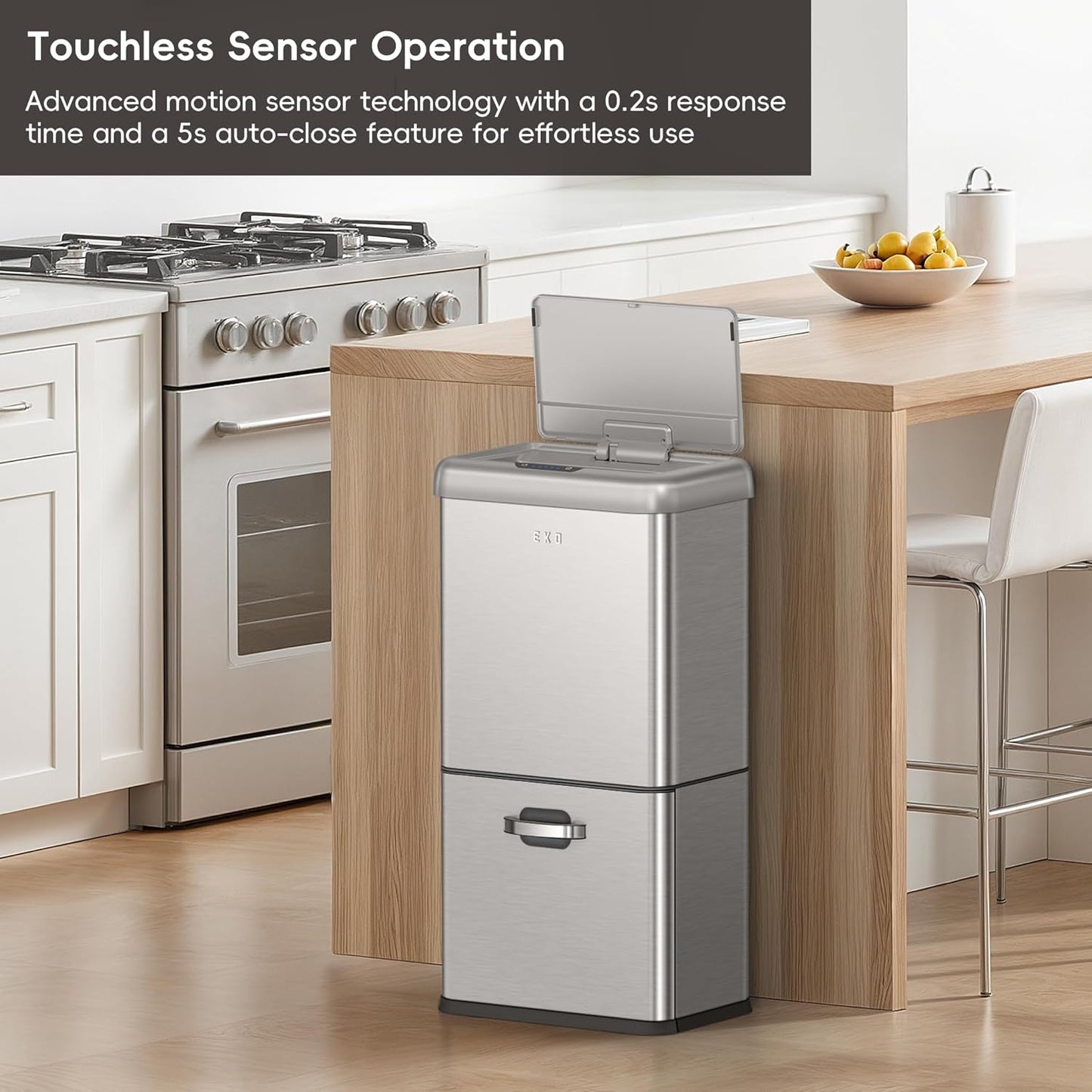 EKO Vintage 50L / 13.2 Gallon Motion Sensor Trash Can, Dual Compartment 32L + 18L Stainless Steel Kitchen Garbage Bin, Touchless Automatic Waste & Recycling Bin with Lid for Home or Office