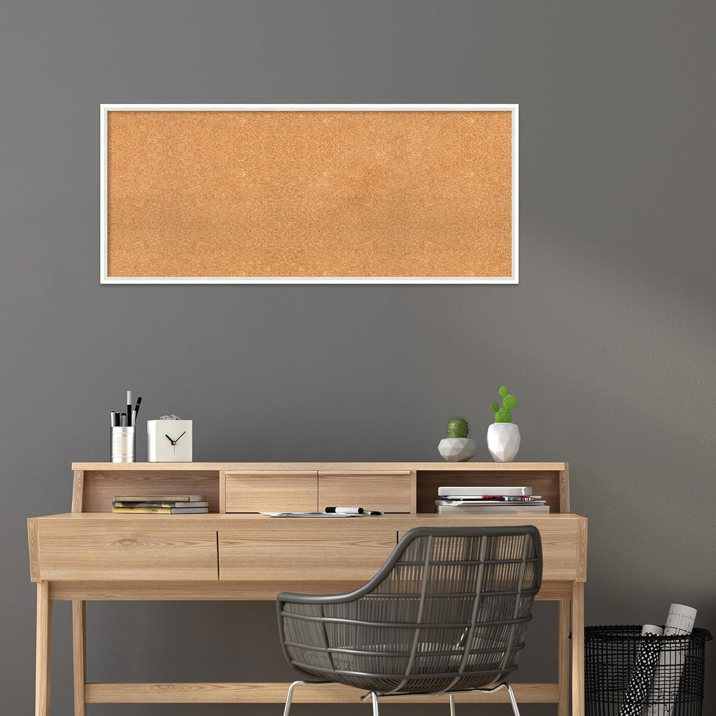 Amanti Art Natural Cork Board for Wall, 21x49 Vision Board with White Frame, Oversize Corkboard Office Decor for Home Organization, Modern Corkboard Pinboard to Display Items for Home Organization in