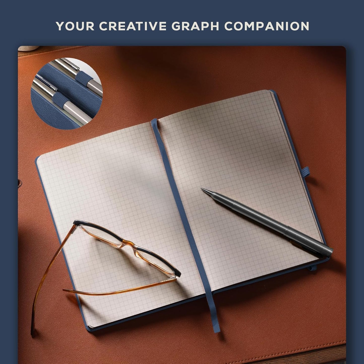 BEECHMORE BOOKS Graph Paper Notebook - Regular, Navy | Premium Square Grid Math & Science Journal | 5.75" x 8.25" Hardcover Vegan Leather | Thick 120gsm Cream Graph Paper | Gift Box for Men & Women