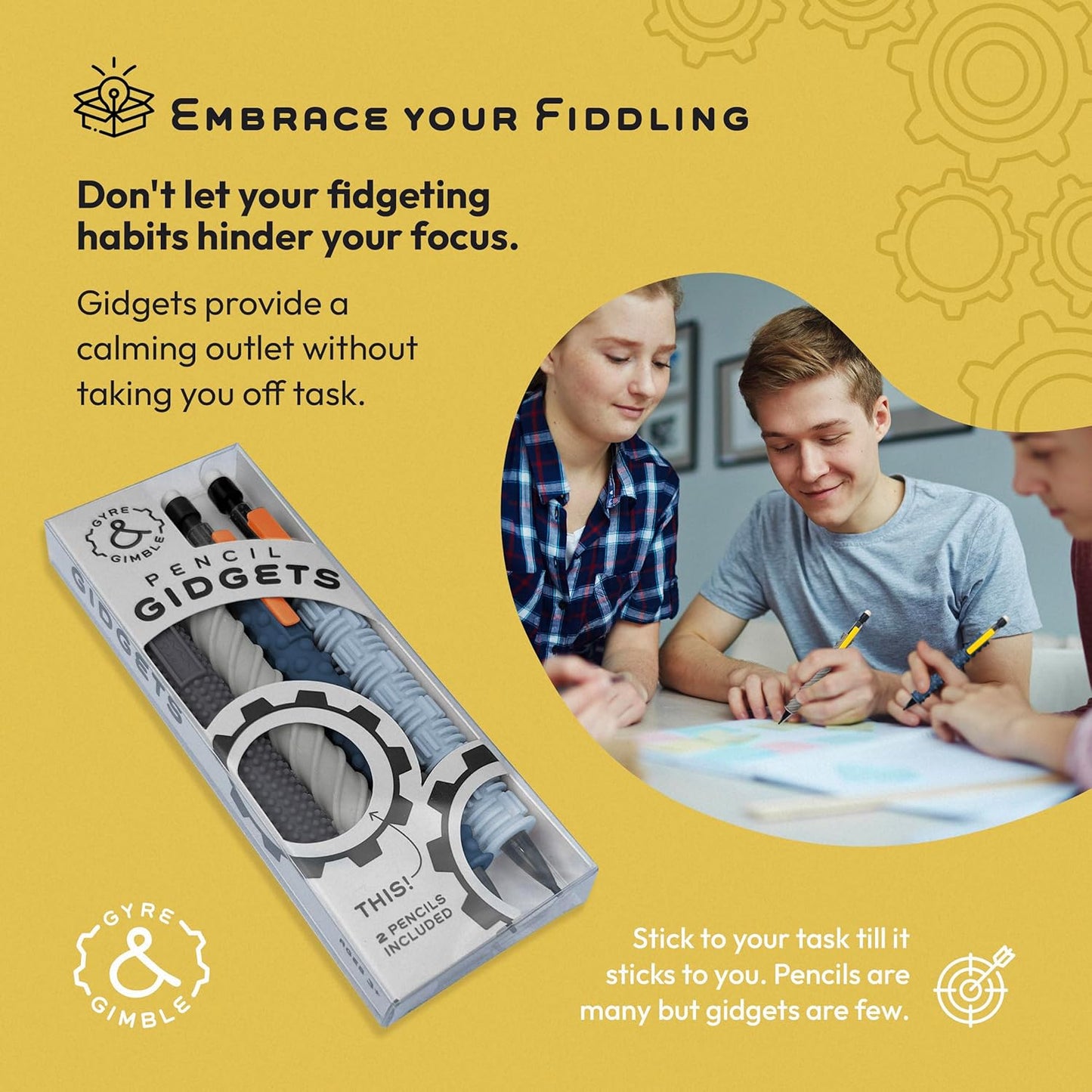 Gyre & Gimble Pencil Gidgets – Textured Silicone Pencil Sleeve for Quiet Fidgeting – Transform Your Mechanical Pencil into a Sensory ADHD Tool for Kids and Adults – 4 Sleeves & 2 Pencils - Gray