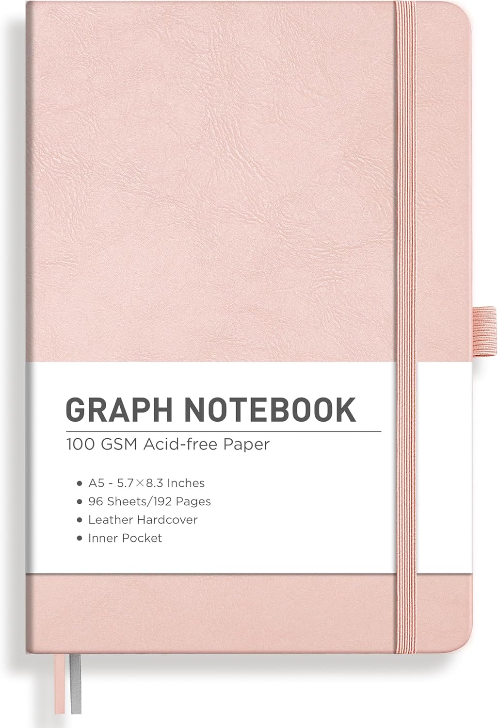 RETTACY Graph Grid Paper Notebook, 192 Pages, A5 Medium Size (5.7'' x 8.3''), 5 Squares per Inch, Leather Hardcover, 100 GSM Thick Paper, for School, Students, Math, Engineering (Rose Gold)