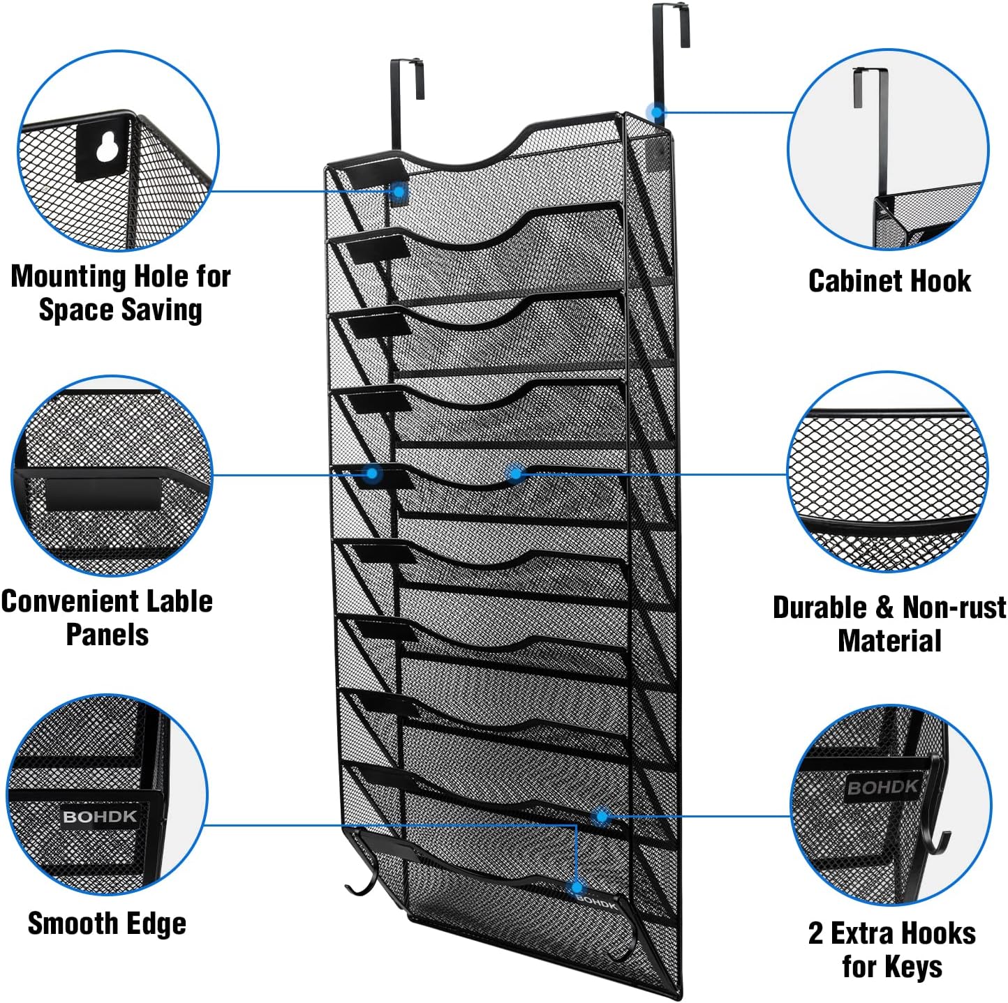 Wall File Organizer, 10 Tire Hanging File Folder Mail Organizer, Vertical Mesh Metal Door/Wall Mount Hanging File Holder, Paper Document Magazine Rack with Hooks for Home Office Black