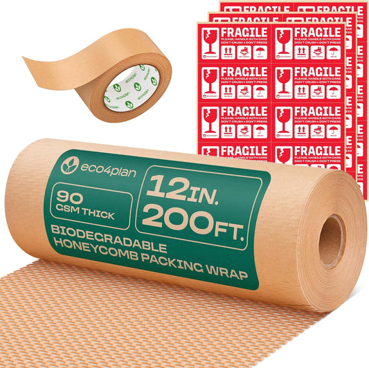 Honeycomb Packing Paper | Extra Thick 90 GSM Packing Wrap | Biodegradable Packing Materials: 12” x 200’ Moving Paper + 195’ Cellulose Adhesive Tape + 30 Fragile Stickers | Paper Bubble Wrap