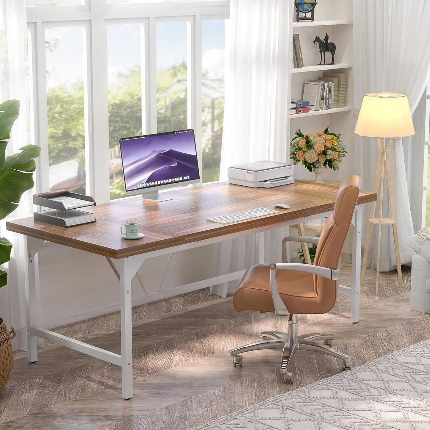 Unikito 70.8 Inch Extra Long Computer Desks, Heavy Duty Large Office Executive Desk, Sturdy 2 Person Desk, Premium Thick Study Writing Table Computer Table for Home Office Workstation, Rustic/White