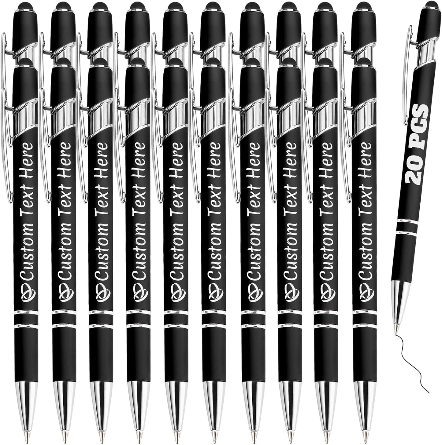 Personalized Pens Bulk 20 with Name Custom Engraving Ballpoint Pens with Stylus Tip Customized Smooth Writing Pens Personalized Gifts for Anniversary Birthday or Graduation(Black,Black Ink)
