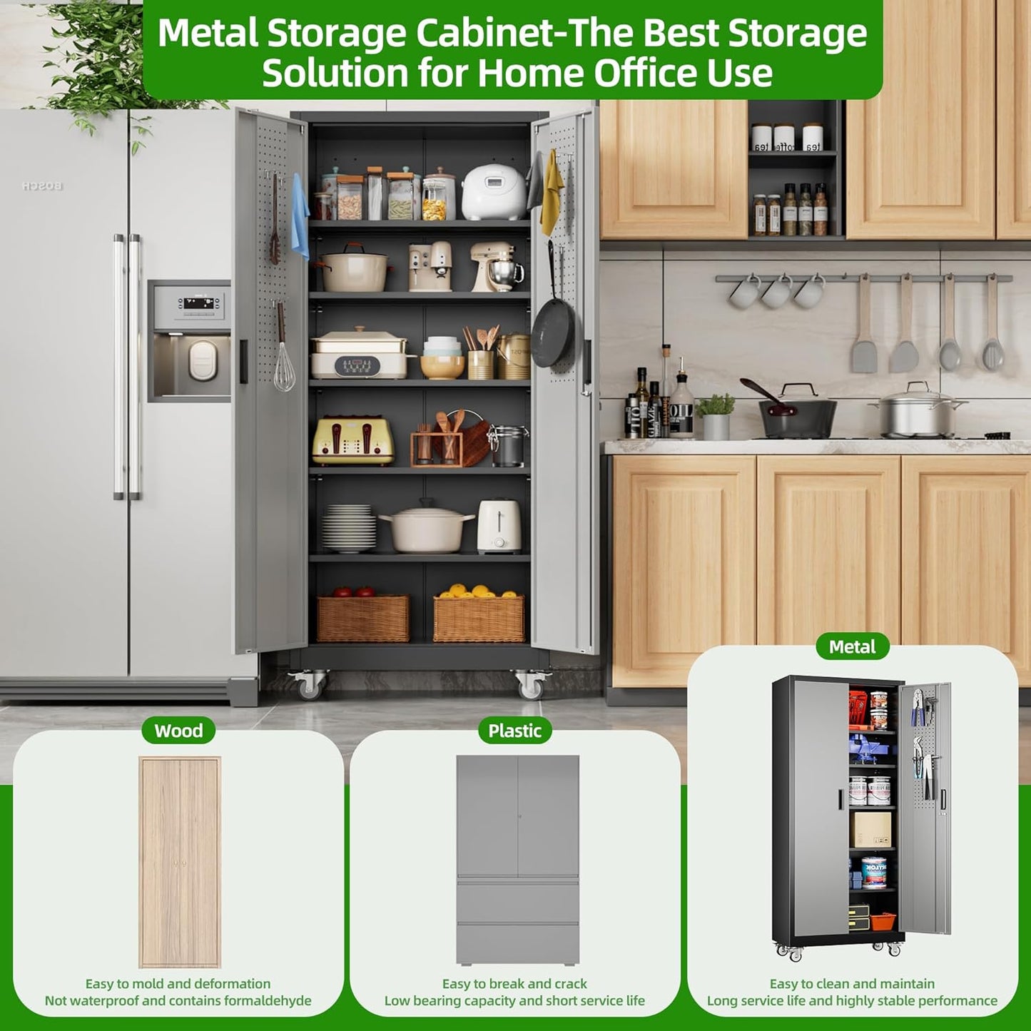 Aobabo Upgraded Garage Storage Cabinets with Wheels,Metal Storage Cabinets with 5 Adjustable Shelves for Garage Home Office Storage, Black&Dark Grey,71''H*32''W*16''D,Assembly Required