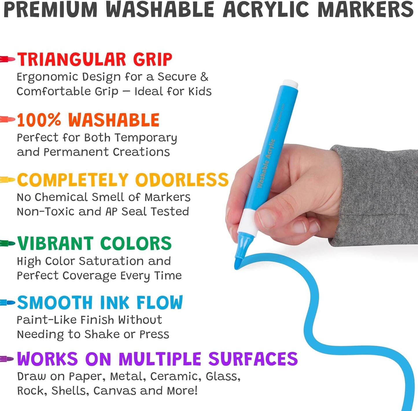 The Pencil Grip Magic Stix Washable Acrylic Markers for Kids and Teens, 24 Non-Toxic Colors, Allergen-Free, Vibrant Paint Pens for Crafting and DIY