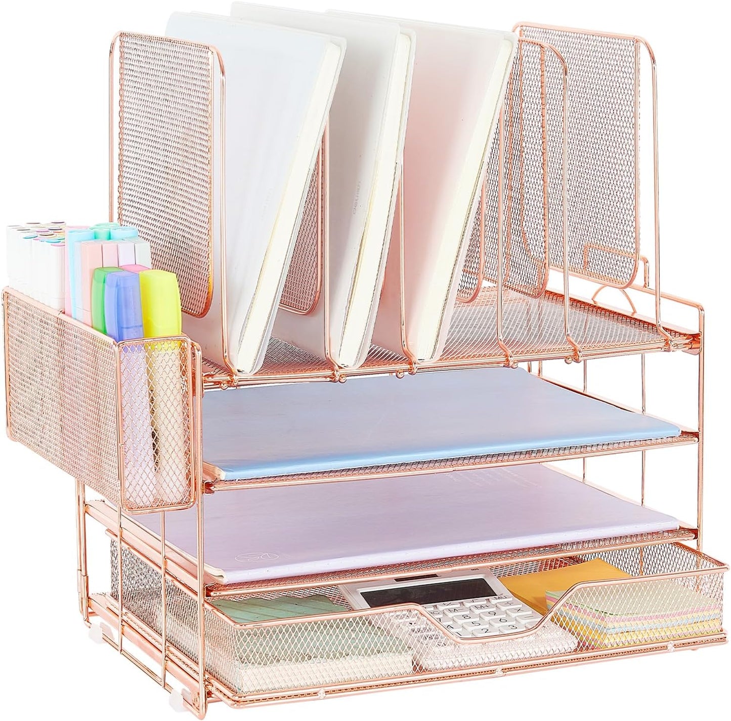 Desk Organizer with 5 Vertical File Holders, 3-Tier Paper Organizer and Drawer, Desk Accessories in Rose Gold