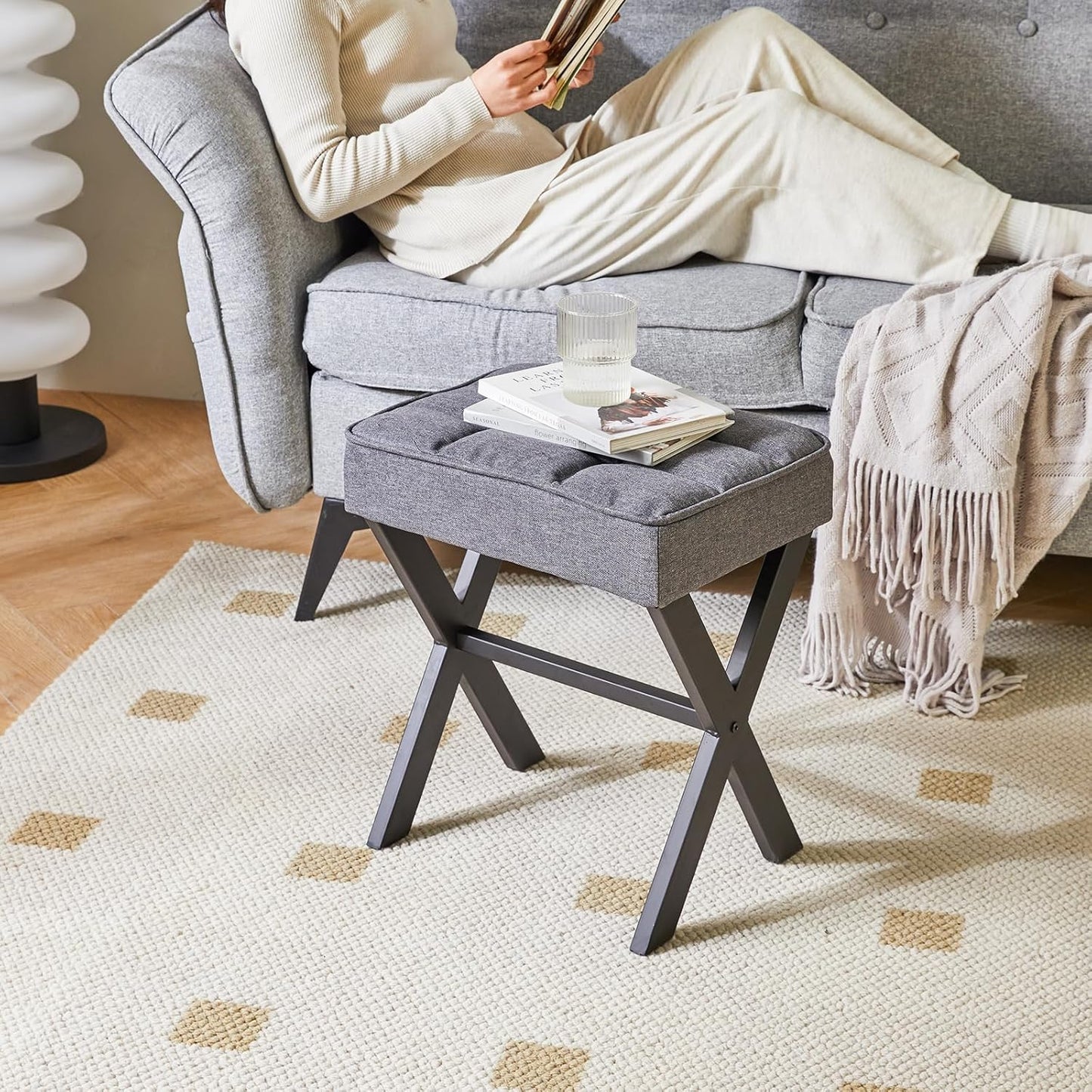 IBUYKE Square Makeup Stool with X-Leg Foot Rest, Linen Footrest, Ottoman Seat, Multi-Use as Small Side Table, for Bedroom, Living Room, Dark Gray LG-70G