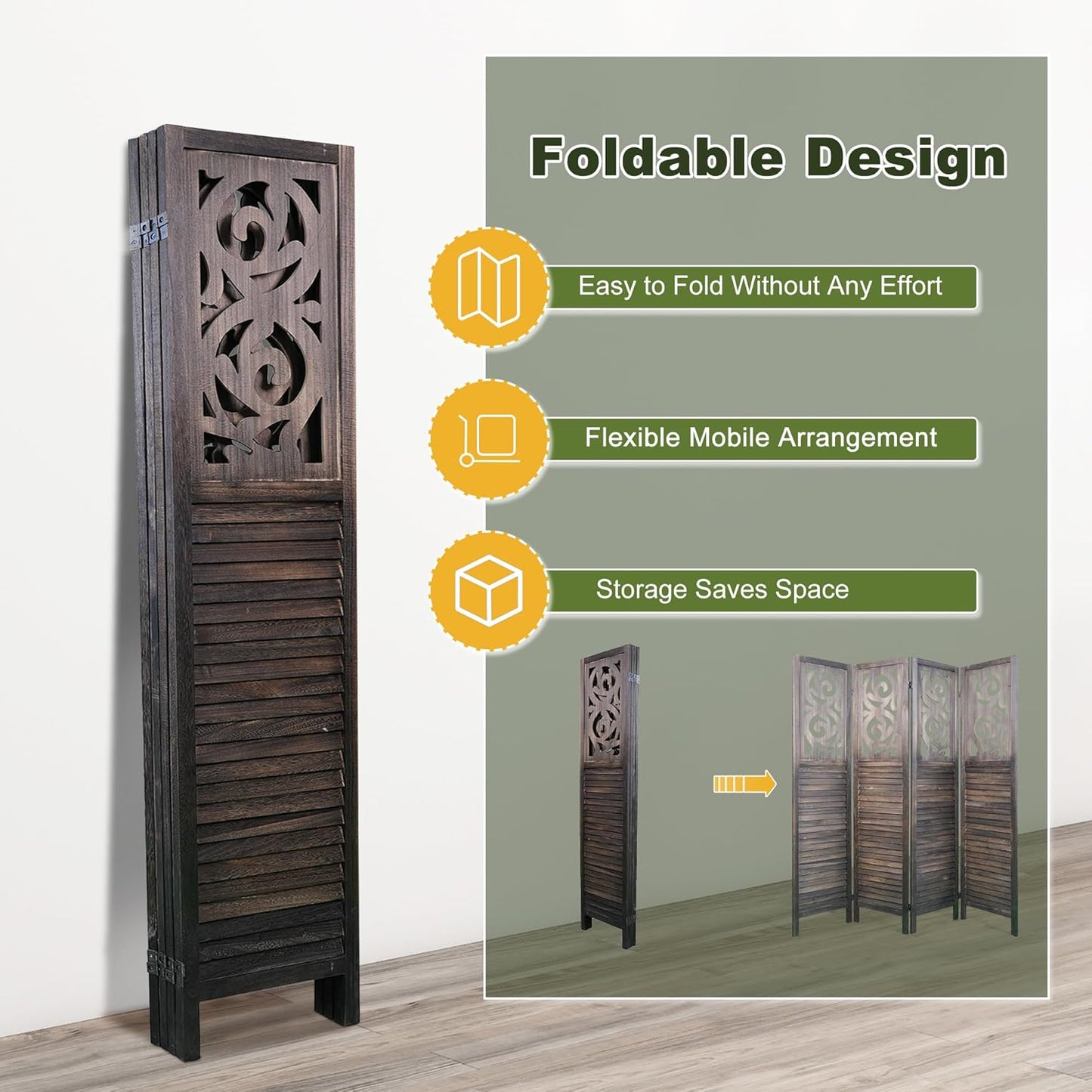 NicBex 4 Panel Room Divider 5.6FT Wood Carved Room Dividers, Folding Privacy Screens Portable Freestanding Partition Wall Dividers for Home Bedroom Office, Rustic Brown