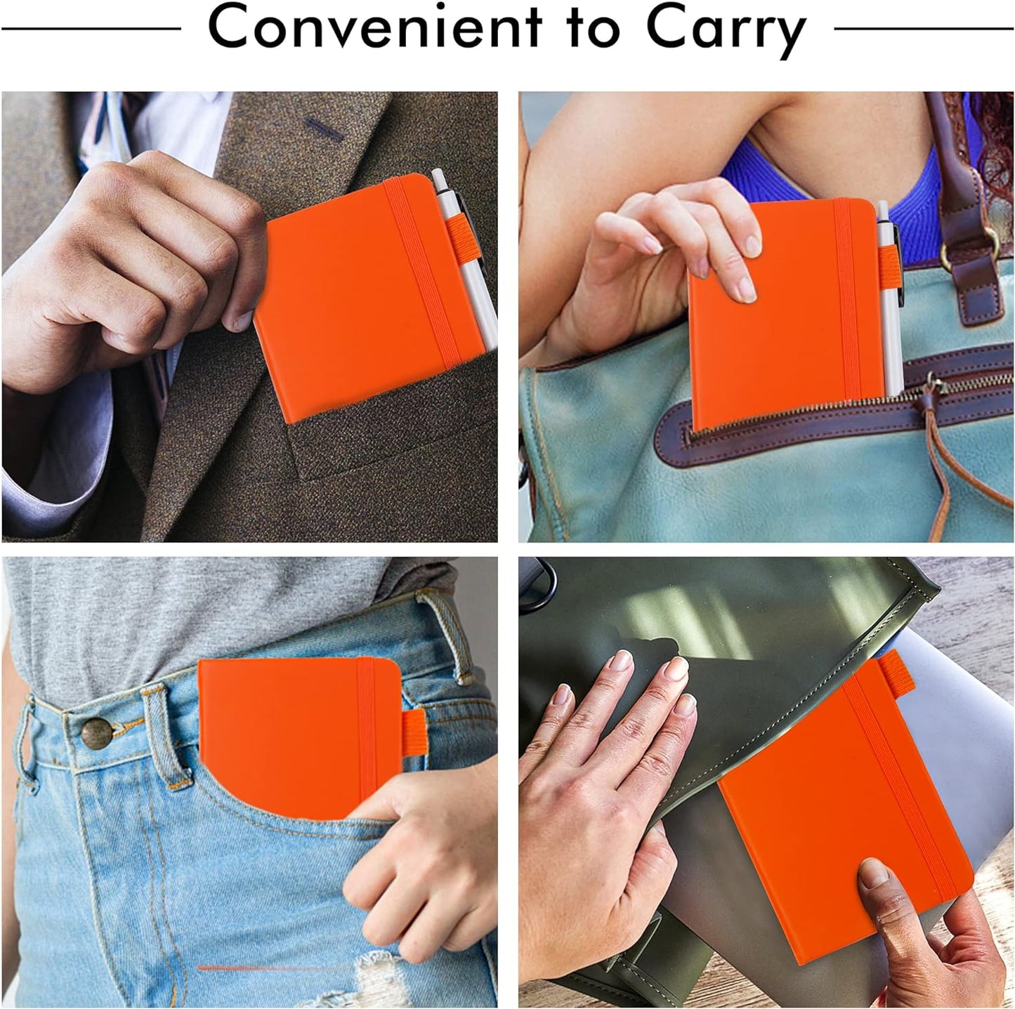 feela 15 Pack Pocket Small Notebooks Bulk, Mini Cute Notepads Hardcover College Ruled Lined Journals with Pen Holder for School Business Memos, with 15 Black Pens, 3.5”x 5.5”, A6, Orange