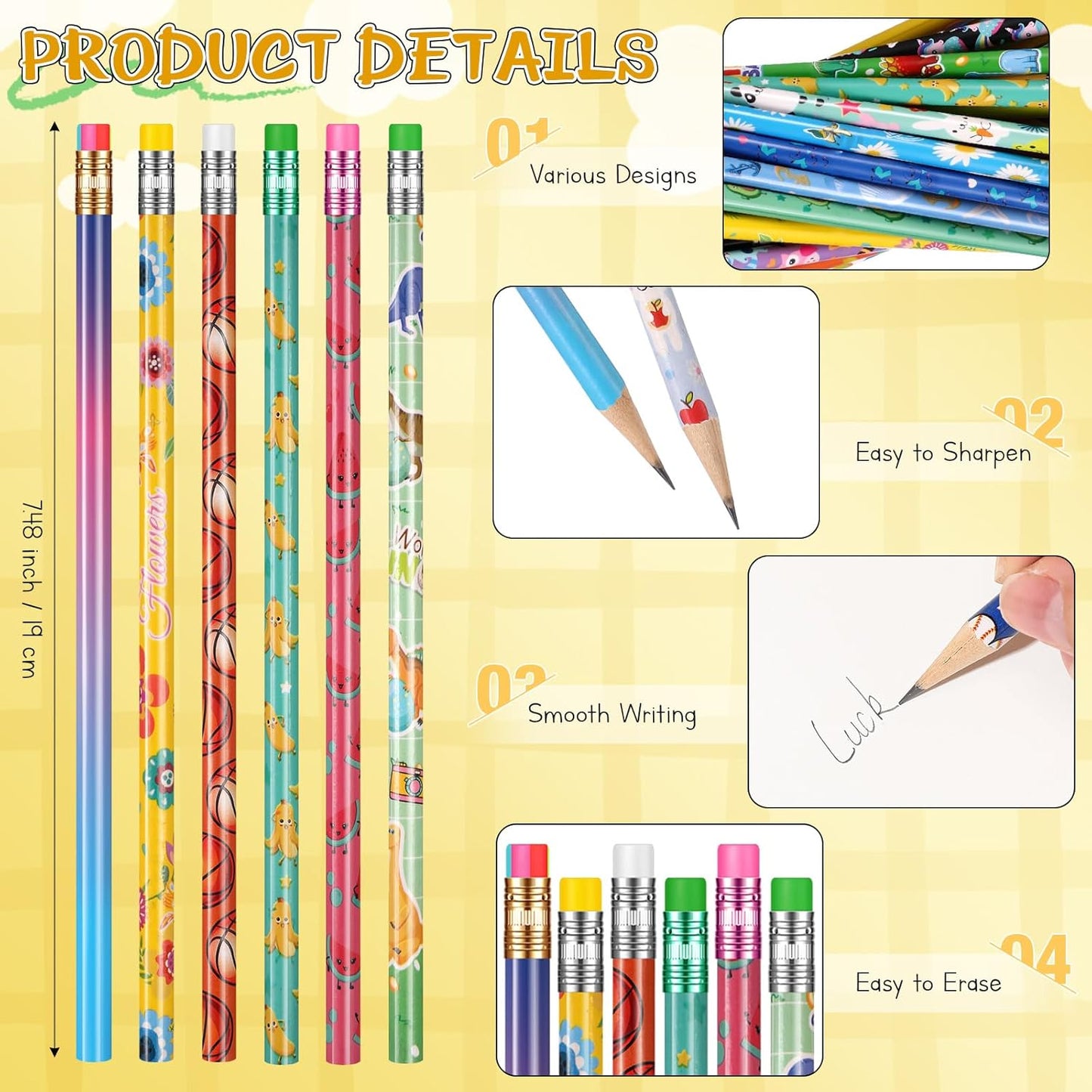 Sabary 200 Pcs Assorted Wood Pencil Bulk 50 Styles #2 HB Colorful Novelty Fun Dinosaur Animals Fruits Sports Pencils with Erasers Back to School Supplies for Kids Student Teacher Classroom Reward