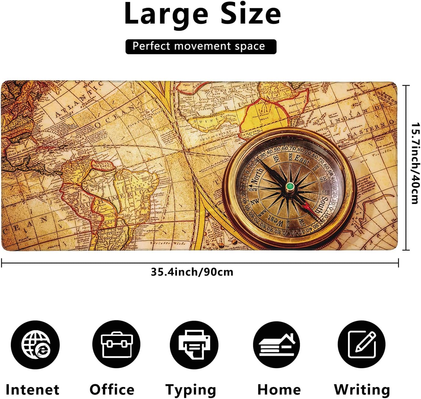 Vintage Compass Lies on Ancient World Map Extended Gaming Mouse Pad Large Desk Mat with Non-Slip Rubber Base and Stitched Edges,Keyboard Mouse Mat Desk Pad for Work,Game,Office,Home 35.4 * 15.7 Inch