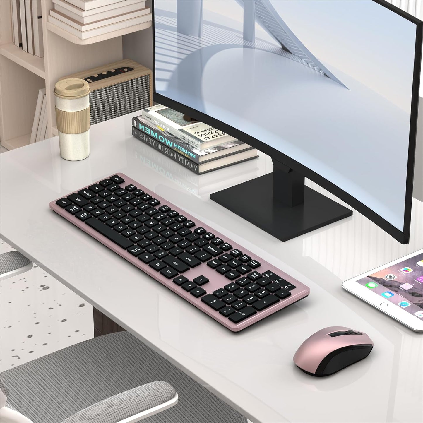 Wireless Keyboard and Mouse Combo, COVEVA 2.4GHz Wireless Keyboard Mouse with USB Receiver, Water-Dropping Keycaps, 104 Keys Full Size with Number Pad for PC Laptop Computer Desktop(Black Pink)