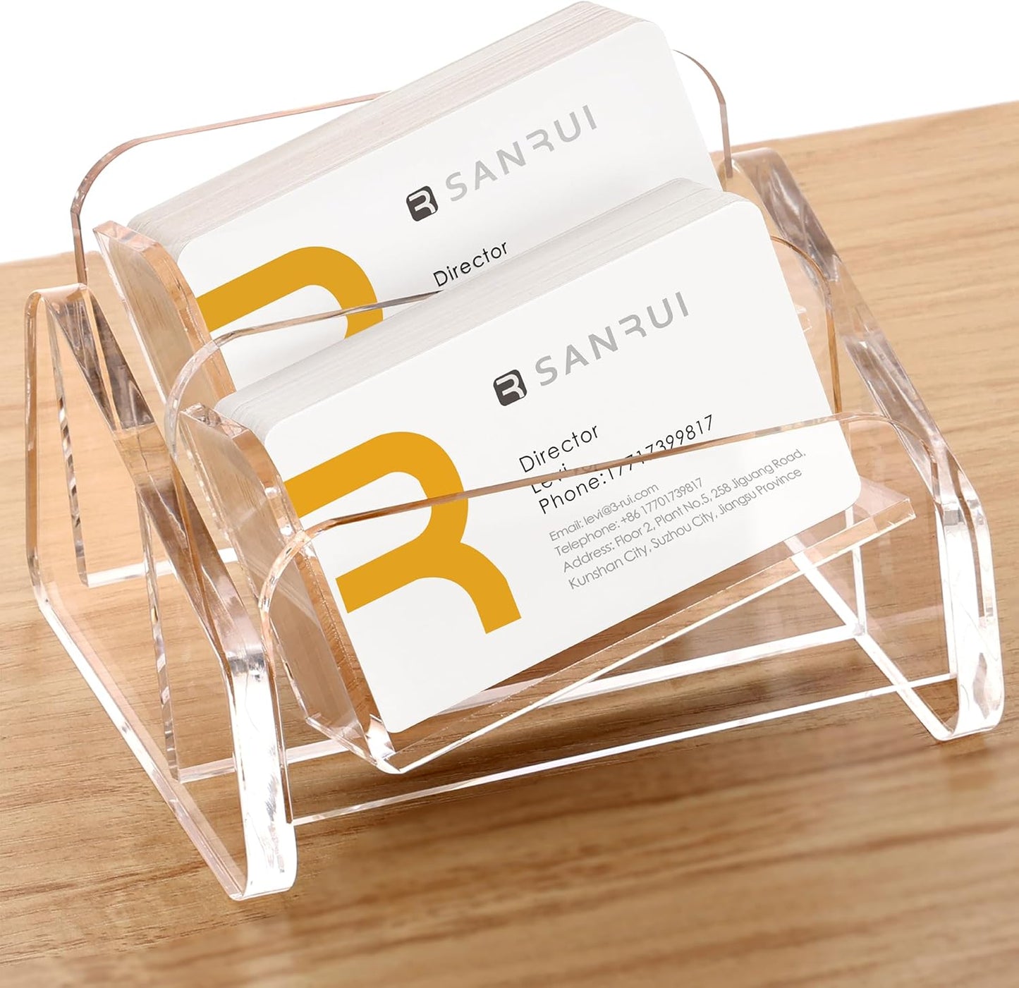 SANRUI Acrylic Business Card Holder for Desk, 2 Tier Clear Tilt Business Name Card Display Holders Stand Storage Organizer Fits 120 Business Cards (Horizontal, 2-Slot)