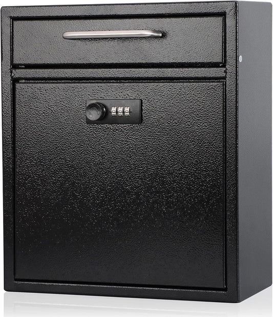 KYODOLED Steel Combination Lock Mail Boxes Outdoor,Locking Wall Mount Mailbox,Security Key Drop Box,12H x 10.51L x 4.68W Inches,Black Large