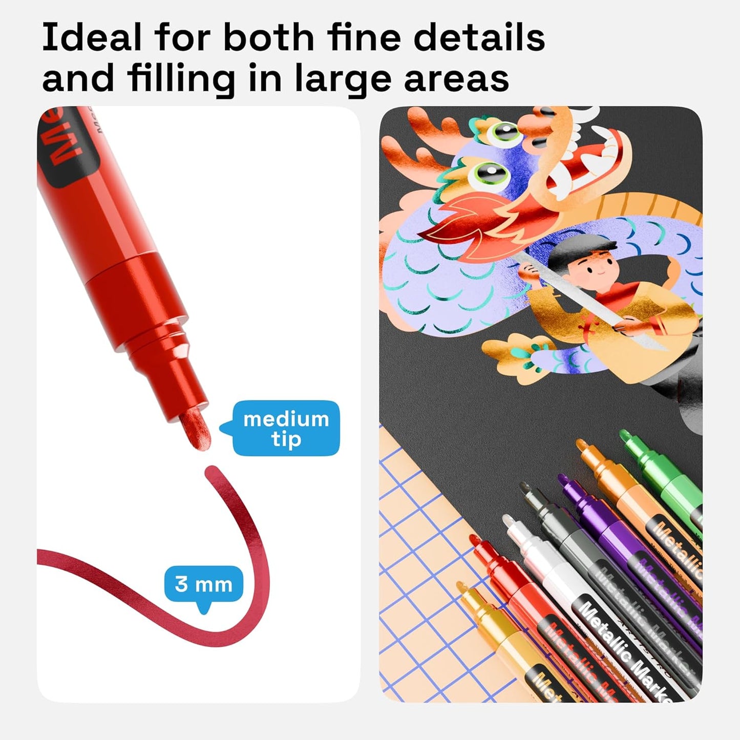 ARTISTRO 12 Metallic Paint Pens for Glass, Rock Painting, Ceramic, Wood, Fabric, Pebbles, Scrapbook Journals, Photo Albums, Card Stocks - Acrylic Paint Markers Medium Tip 3.0mm