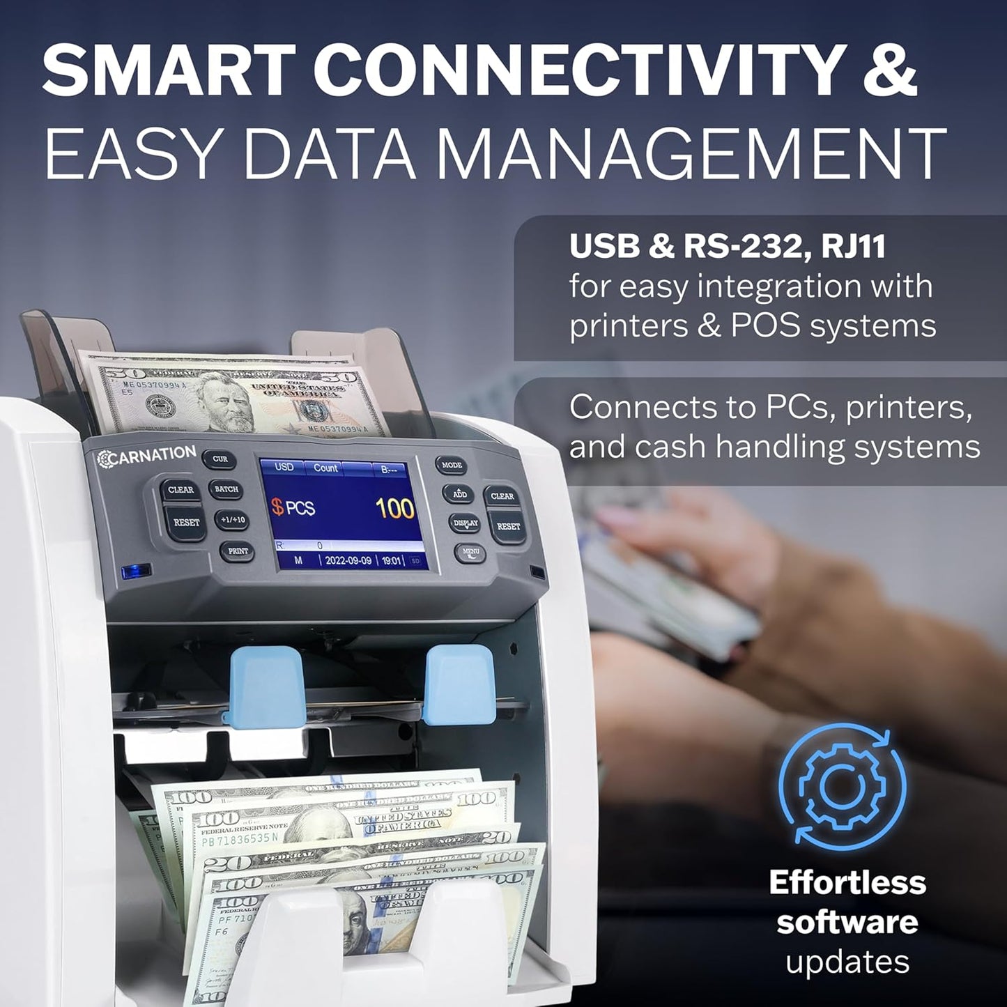 CARNATION Multi-Currency Bill Counter and Sorter with Counterfeit Detection - Money Counter Machine with MG, IR, MT, UV & CIS Image Recognition