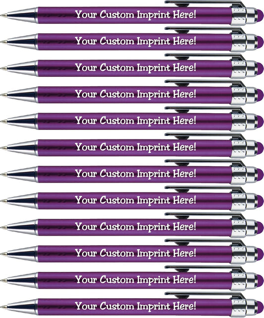 Personalized Pens with Stylus Tip -Bright Vibes- Click action - Custom - Black writing - Printed Name pens - Imprinted with Your Logo or Message - FREE PERSONALIZATION - 12 Pens/Box (Purple)