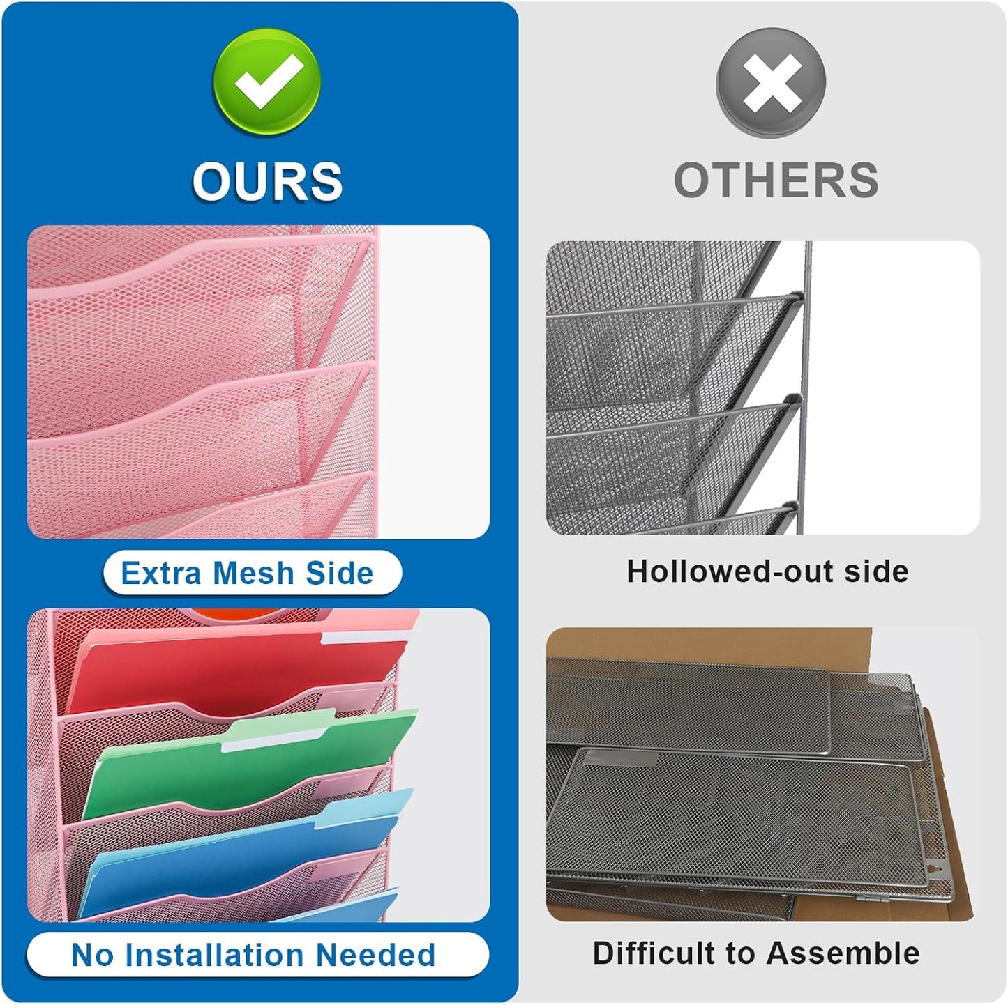 EASEPRES 10 Pocket Mesh Hanging Wall File Organizer, Wall Mounted Mail Paper Document Folder Holder, Clipboard Storage Organization Magazine Rack with Nametag Label for Office Home School, Pink