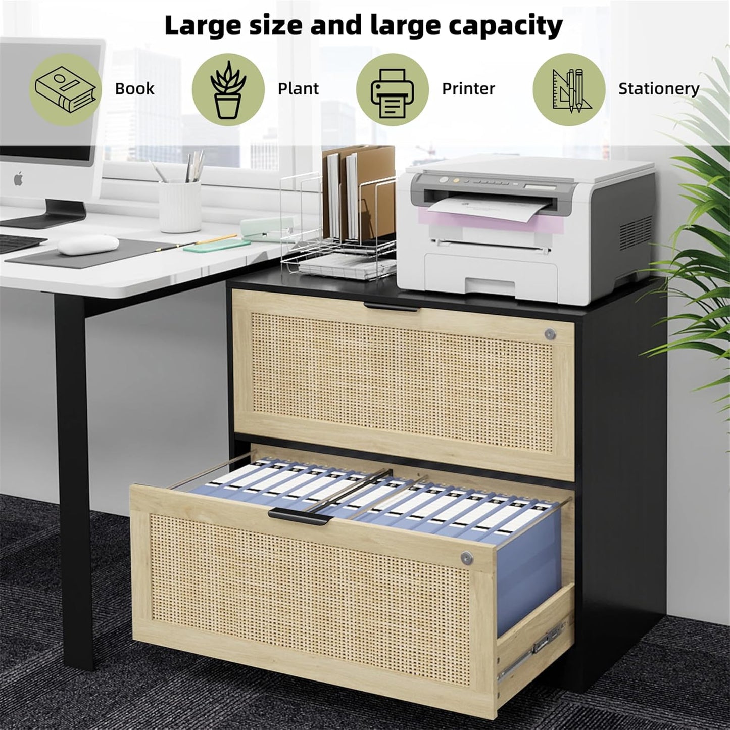 HOPUBUY 2 Drawer File Cabinet with Lock, Printer Stand Lateral Filing Cabinets for Home Office and School, Wood Rattan File Cabinet for Hanging Files/Letter/Legal/A4/F4 Size, Black