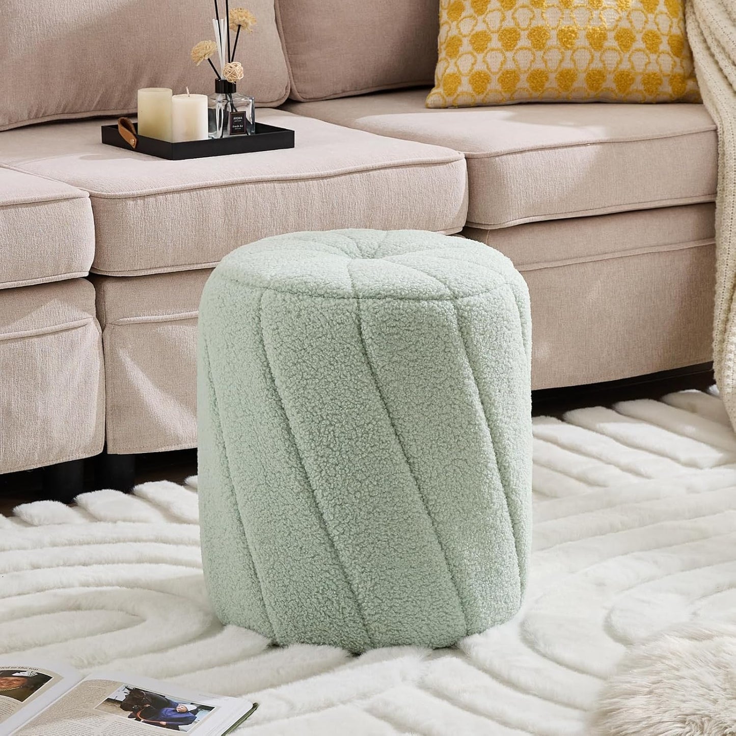 Modern Round Ottoman, Spiral-Tufted Foot Stool Ottoman, Teddy Fleece Upholstered Vanity Stool for Makeup, Bedroom, Living Room, Light Green