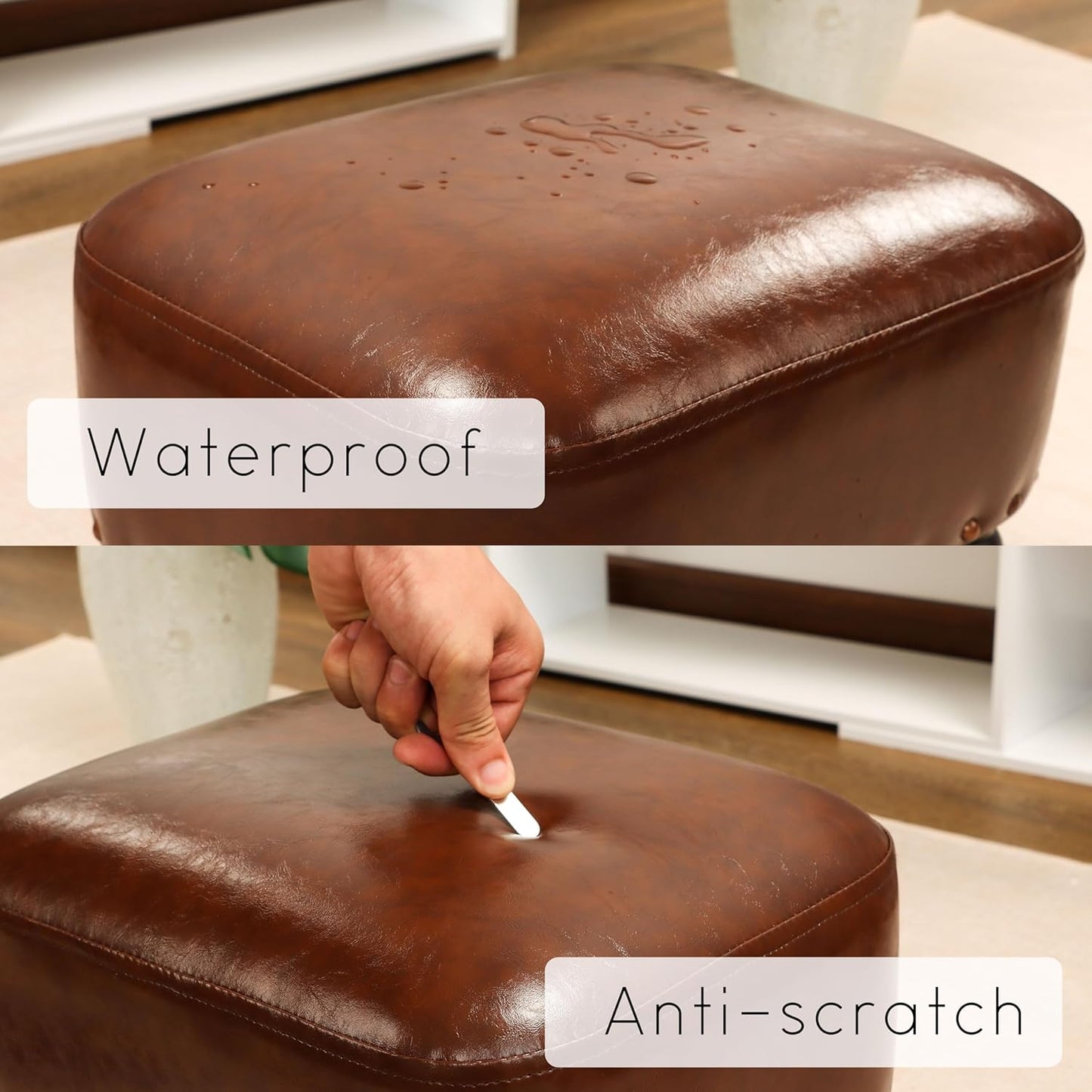 Ottoman Leather Foot Rest with Thicker Foam Padded Seat, Footstool with Wooden Legs (Brown)