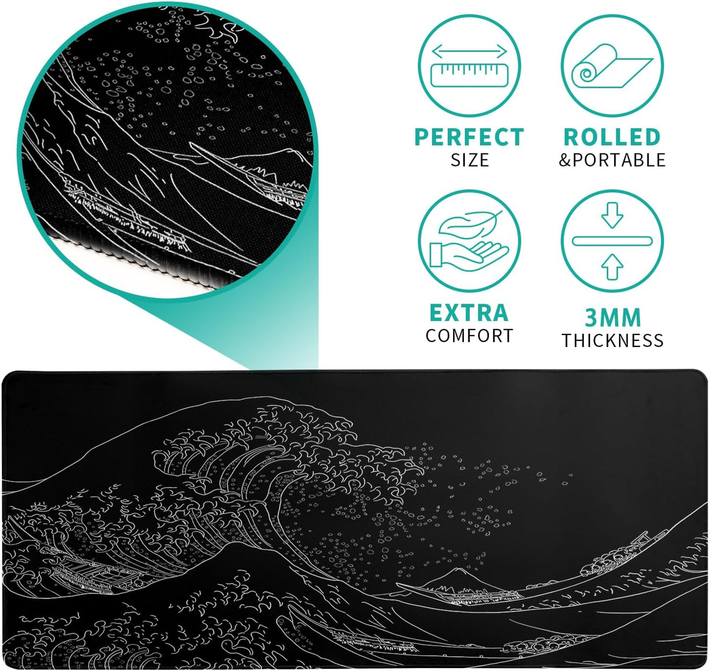 Mousepad 31.5 x 11.8 inches, Large Gaming Mouse Mat with Non-Slip Base, Extended Anime Mouse pad, Full Keyboard Mat with Stitched Edges for Gaming and Office (Kanagawa Wave)