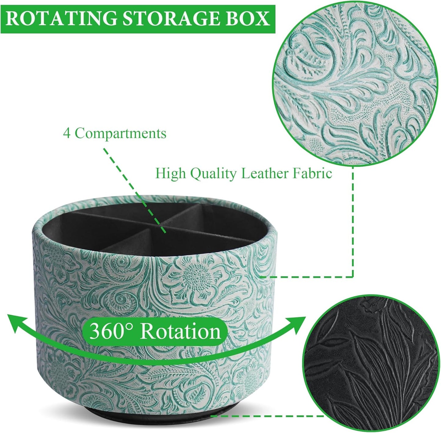 lizimandu Round Leather Art Supply Organizer,Remote Control Holder,360 Degree Spinning,Multi-Functional Pencil Holder,4 Compartments Desktop Stationary Organizer(1-Carved Stone Green)