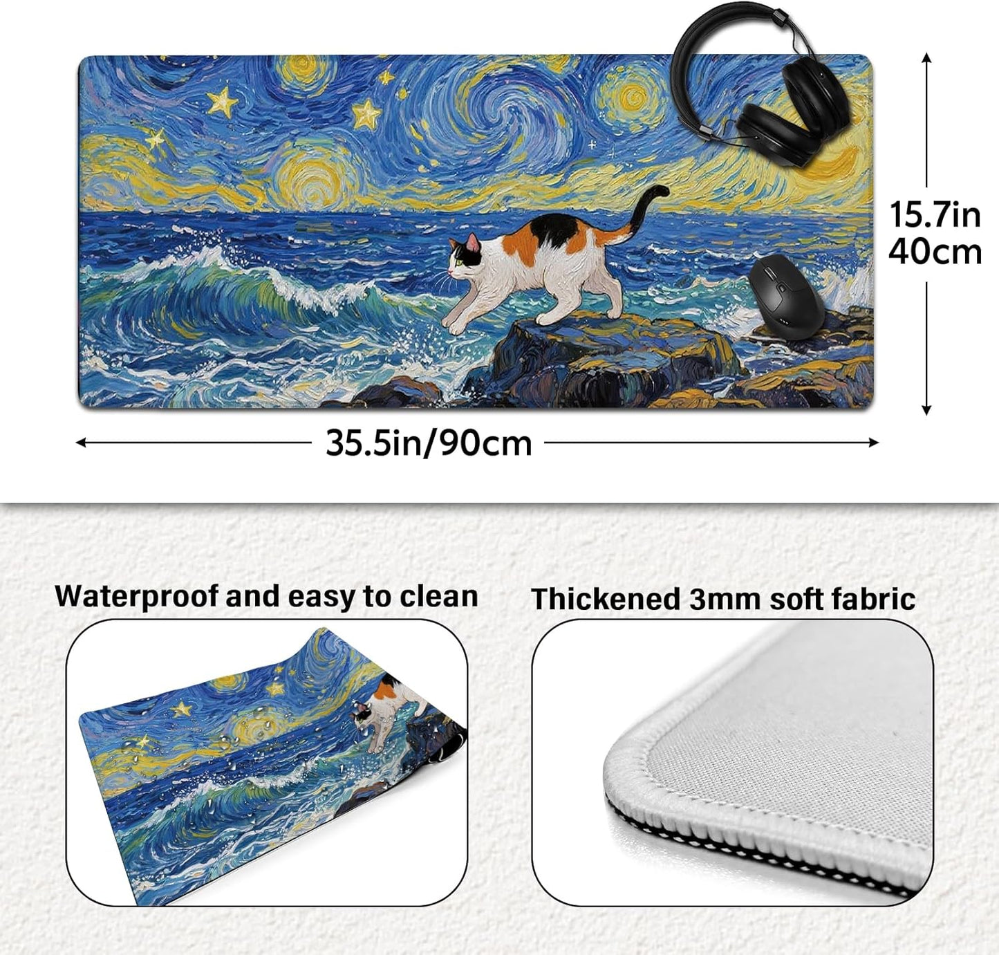 Cute Calico Cat Surfing Mouse Pad, Starry Night Style Mousepad - Large Non-Slip Desk Mat for Office, PC, Laptop - 35.5"x15.7" x 3mm