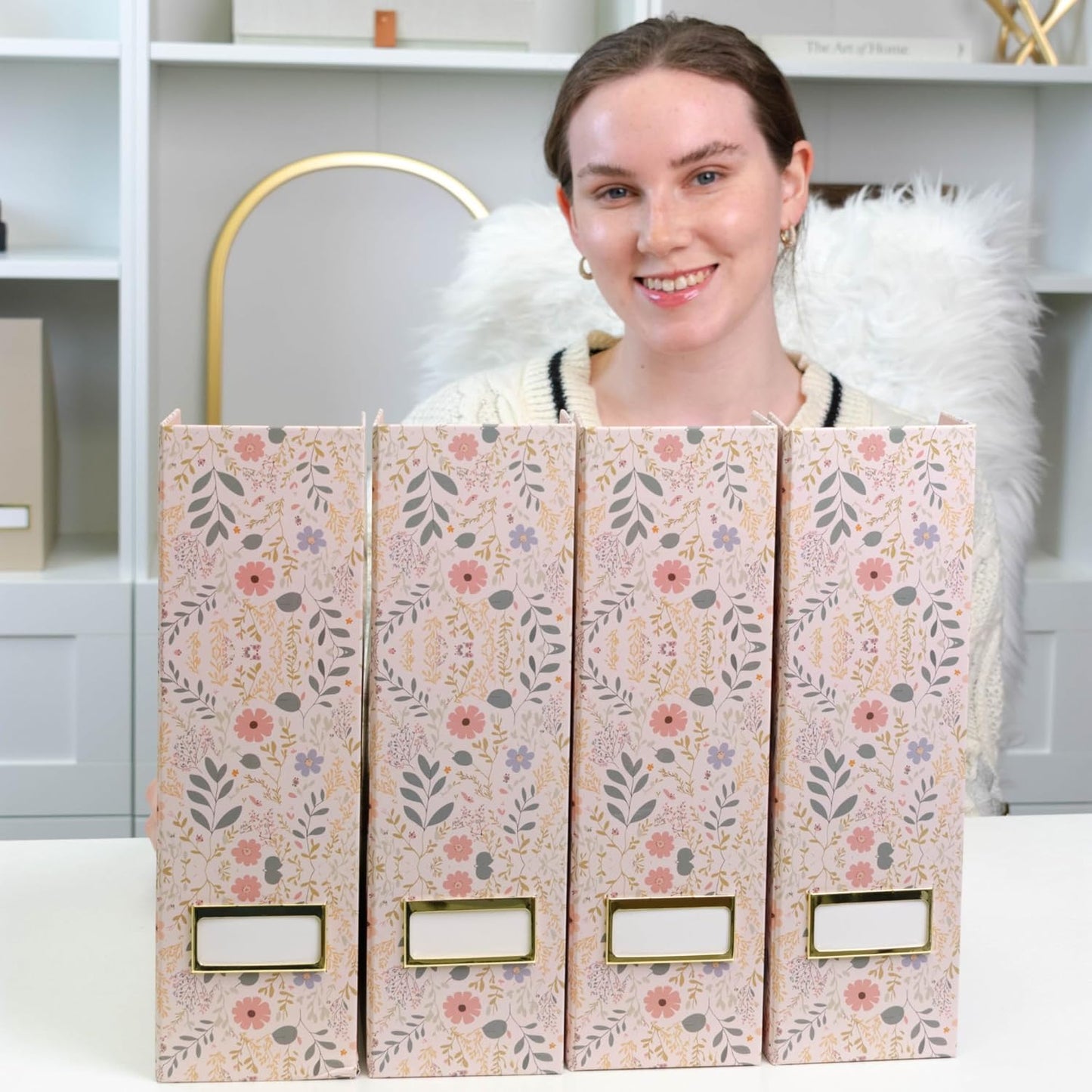 BLU MONACO Foldable Magazine File Set of 4 with Floral Boho Design – Decorative Cardboard Magazine Organizer for Home, Office & Dorm Room – Artistic Magazine Storage Solution