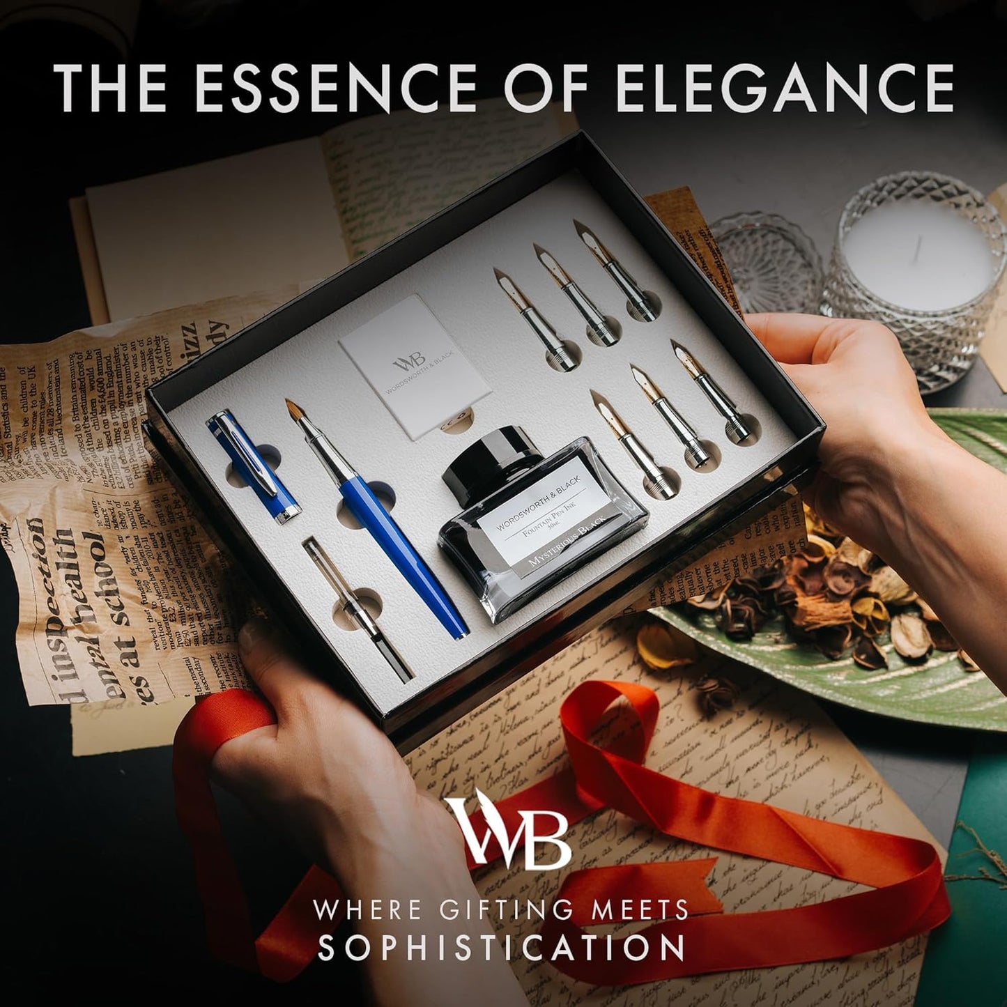 Wordsworth & Black Calligraphy Pen Gift Set, Includes Bottle, 6 Cartridges, Refill Converter, 6 Replacement Nibs, Premium Package, Journaling, Smooth Writing Pens [Blue Chrome]