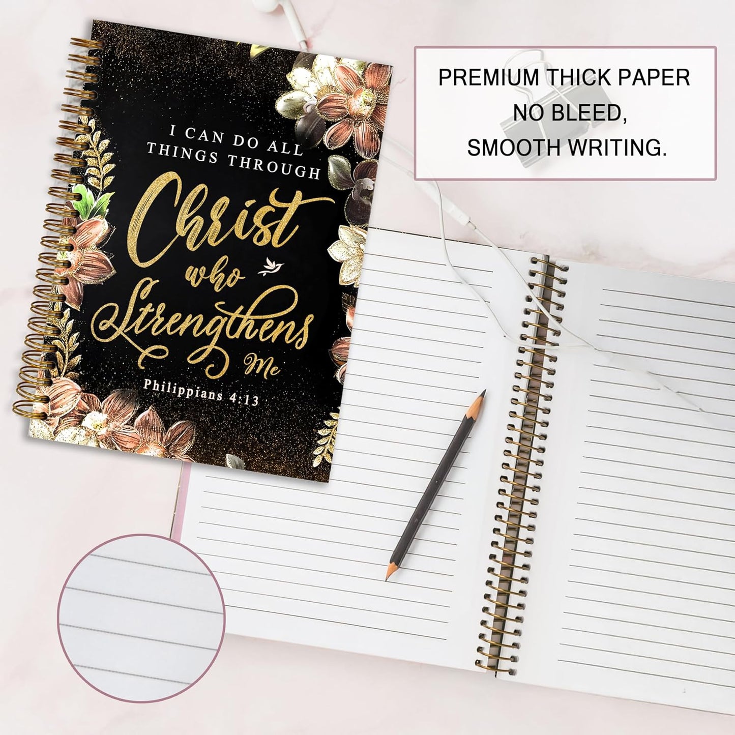 Bible Notebook, A5 Spiral Christian Journal with Floral Notebook, Bible Verse-I Can Do All Things Through Christ Who Strengthens Me, Inspirational Notebooks for Women, Gift for Birthday Christmas