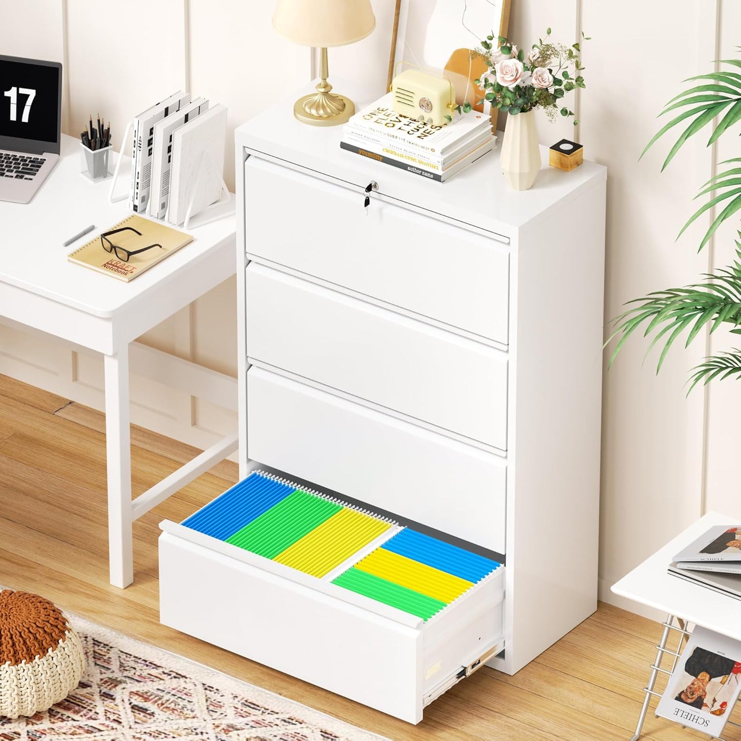 Incbruce 36" W 4 Drawer Lateral File Cabinet, Metal 4 Drawer Lateral Filing Cabinet with Lock, Steel Wide Filing Organization Storage Cabinet for Home, Office, Fit A4/F4/Letter/Legal File (White)