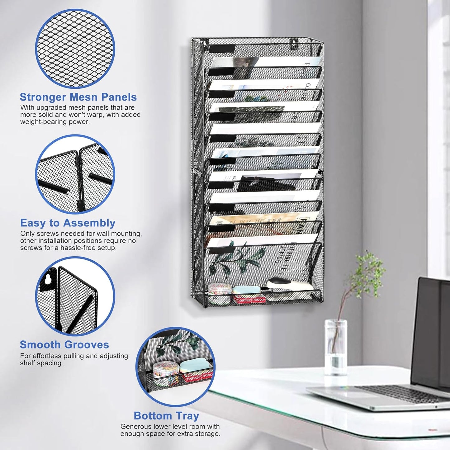 EasyPAG 11 Tier Wall File Holder with Flat Tray, Black | Easy Assemble Mesh Desk File Organizer | 10-Folder Paper Storage | Replaceable Classify Labels | Space Saving Mail Organizer for Office Home